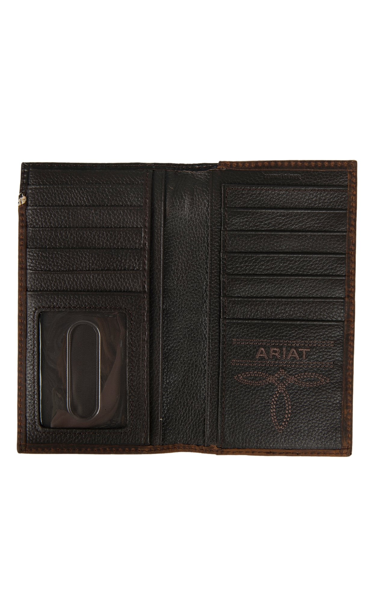Ariat Distressed Brown with Overlay and Logo Shield Leather Checkbook / Rodeo Wallet - Image 1