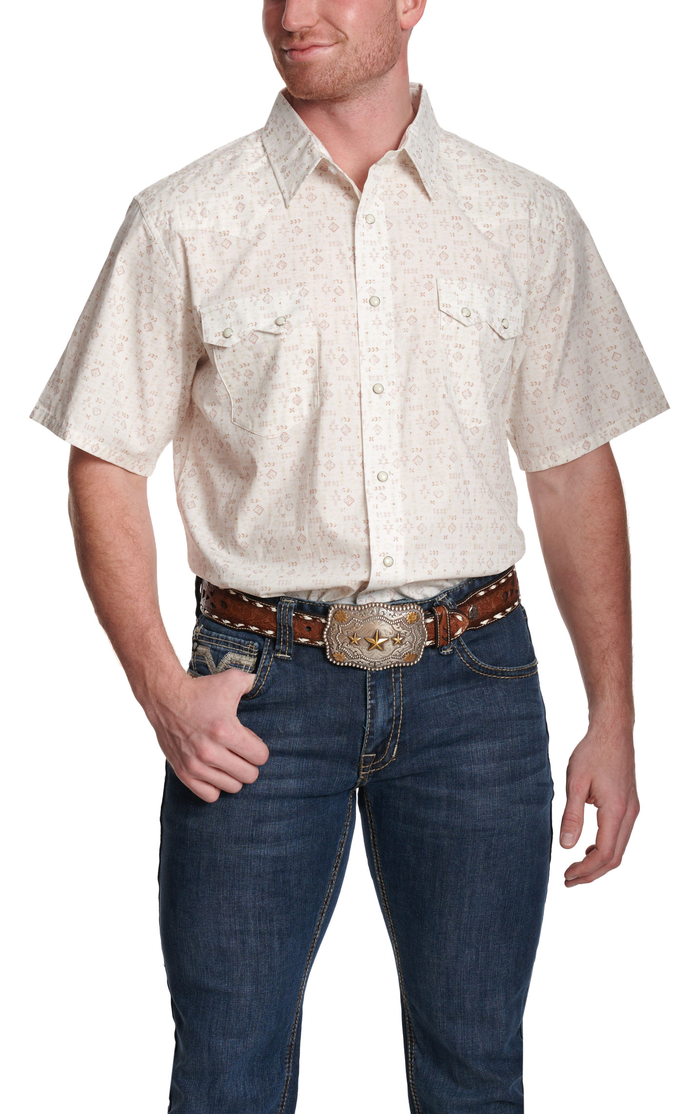 Panhandle Slim Men's White & Khaki Aztec Print Short Sleeve Western Shirt - Image 1