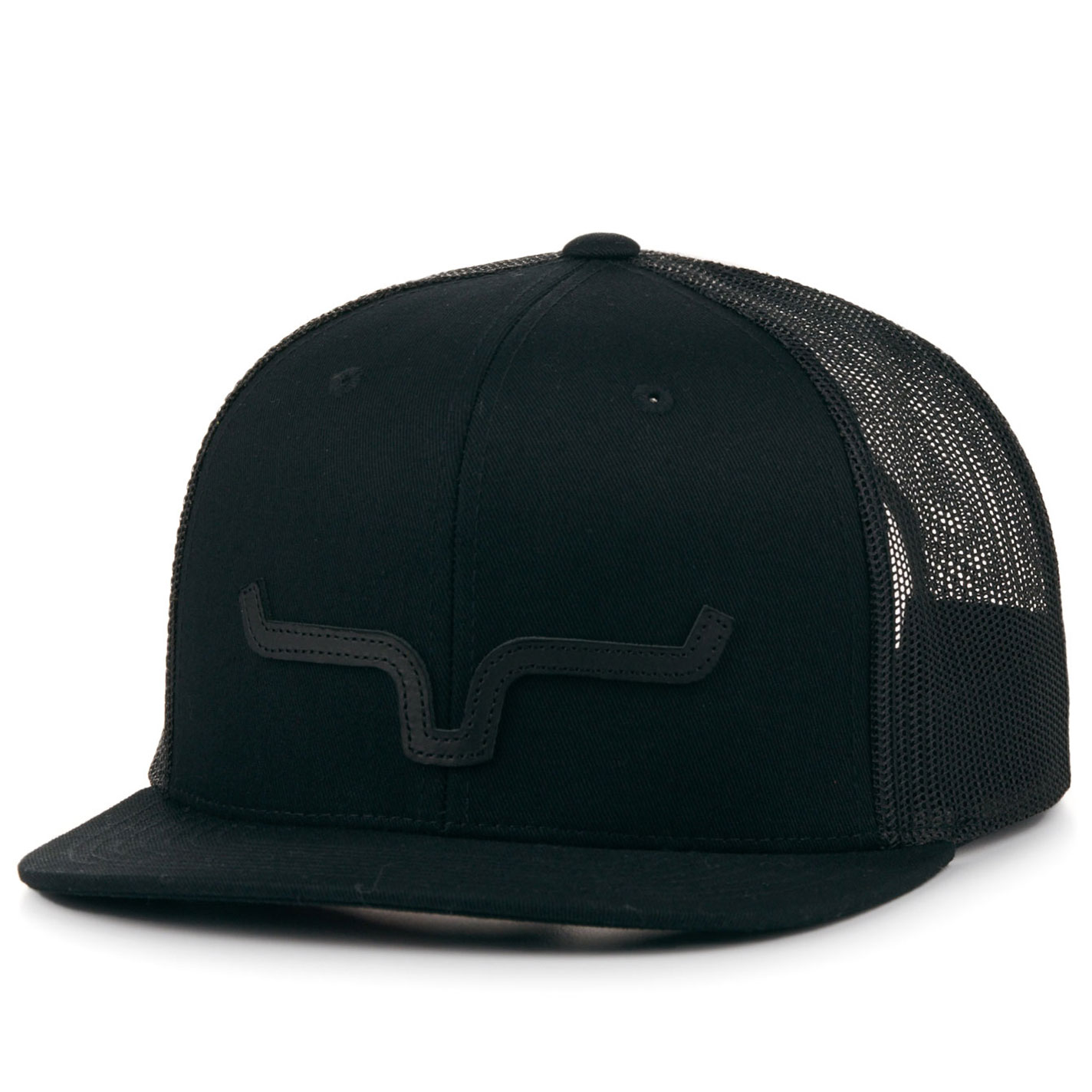 Kimes Ranch Black Leather Logo on Black ATG Trucker Cap - Image 1