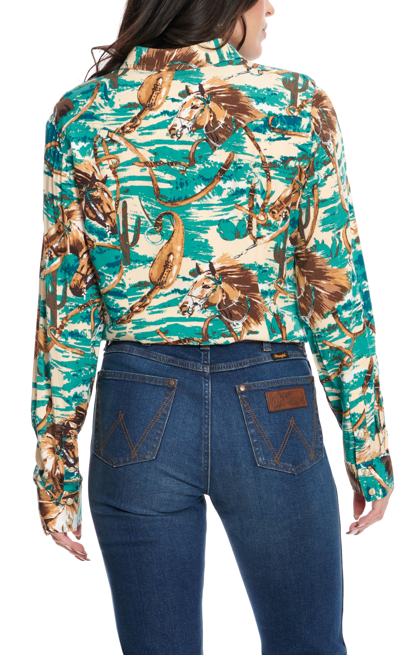 Wrangler Women's Retro Green & Shades of Brown Horse & Tack Print Long Sleeve Western Shirt - Image 1