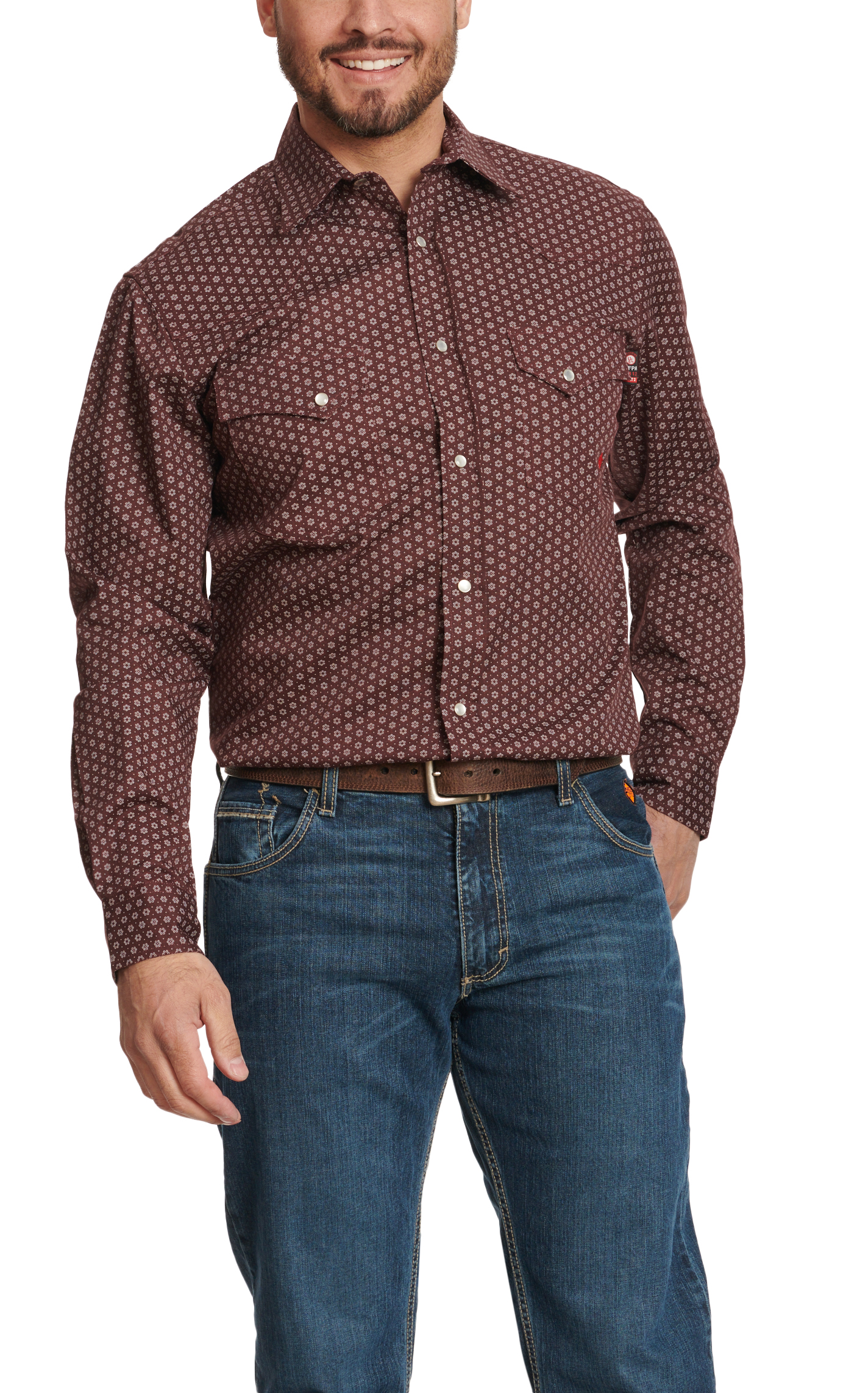 Forge Men's Burgundy & Cream Geo Print FR Work Shirt - Image 1