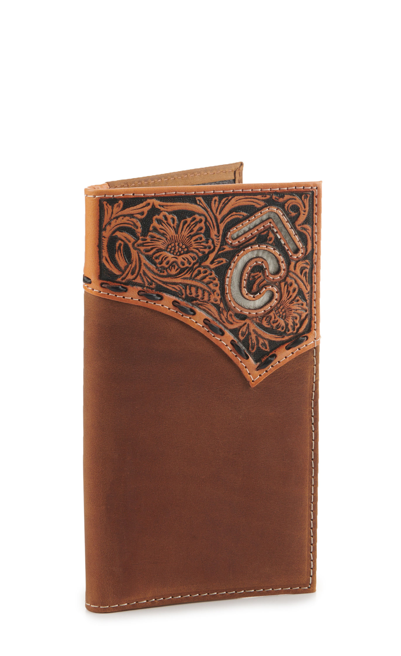 Rafter C Men’s Tan Floral Tooled Leather with Cream Underlay Checkbook Cover Rodeo Wallet - Image 1