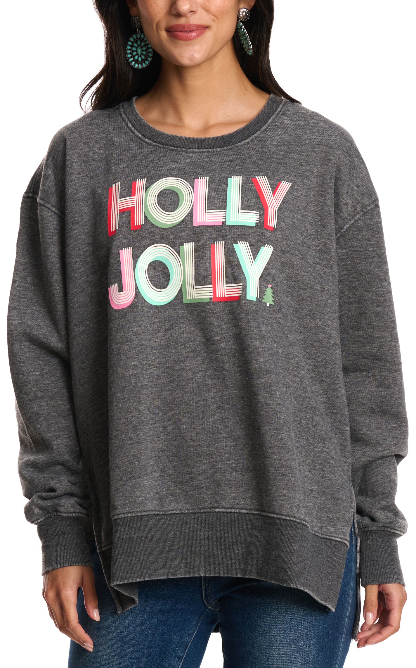 Jadelynn Brooke Women's Charcoal Holly Jolly Burnout Pullover - Image 1
