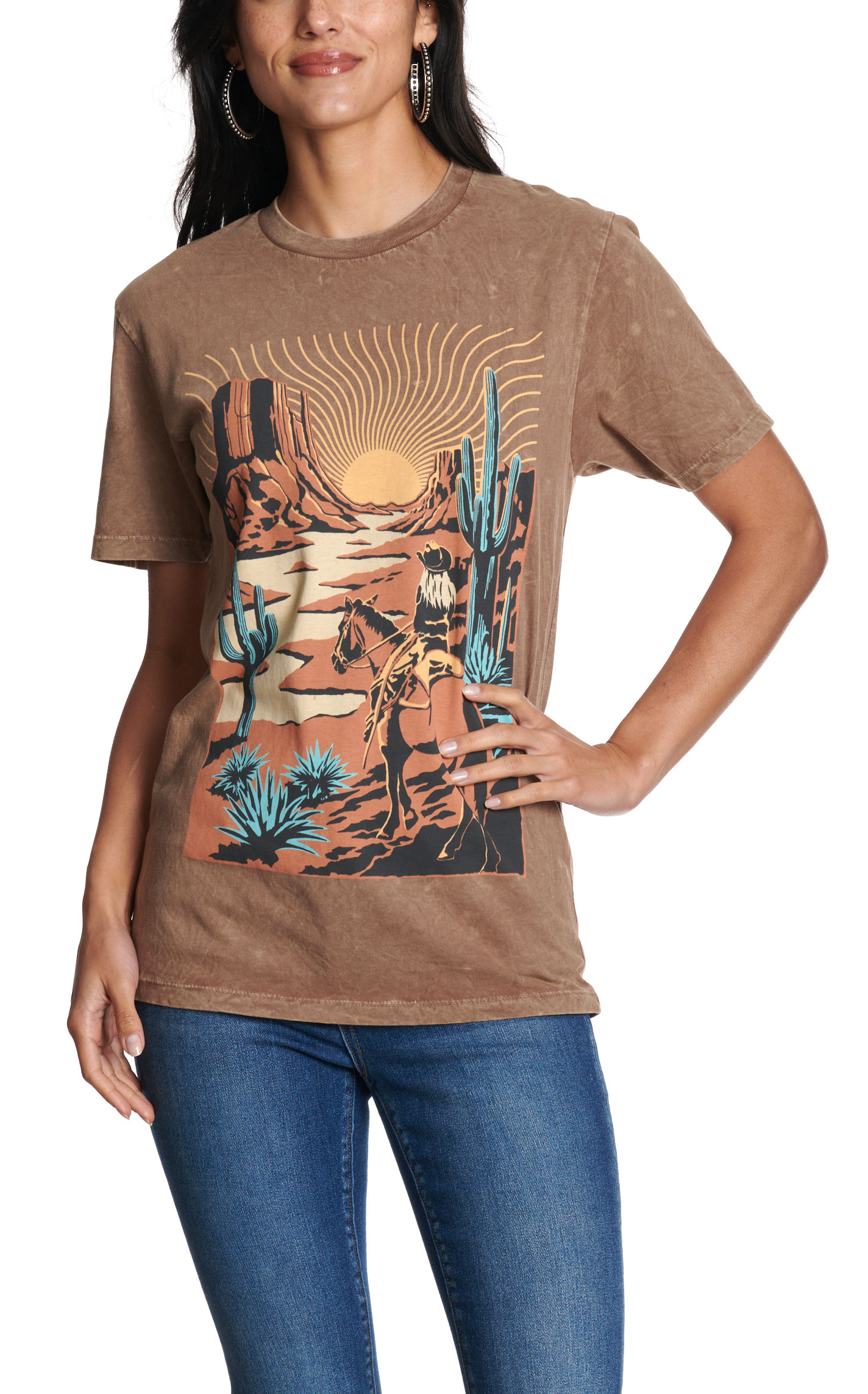 Lotus Fashion Women's Mocha Cowboy Scene Graphic T-Shirt - Image 1
