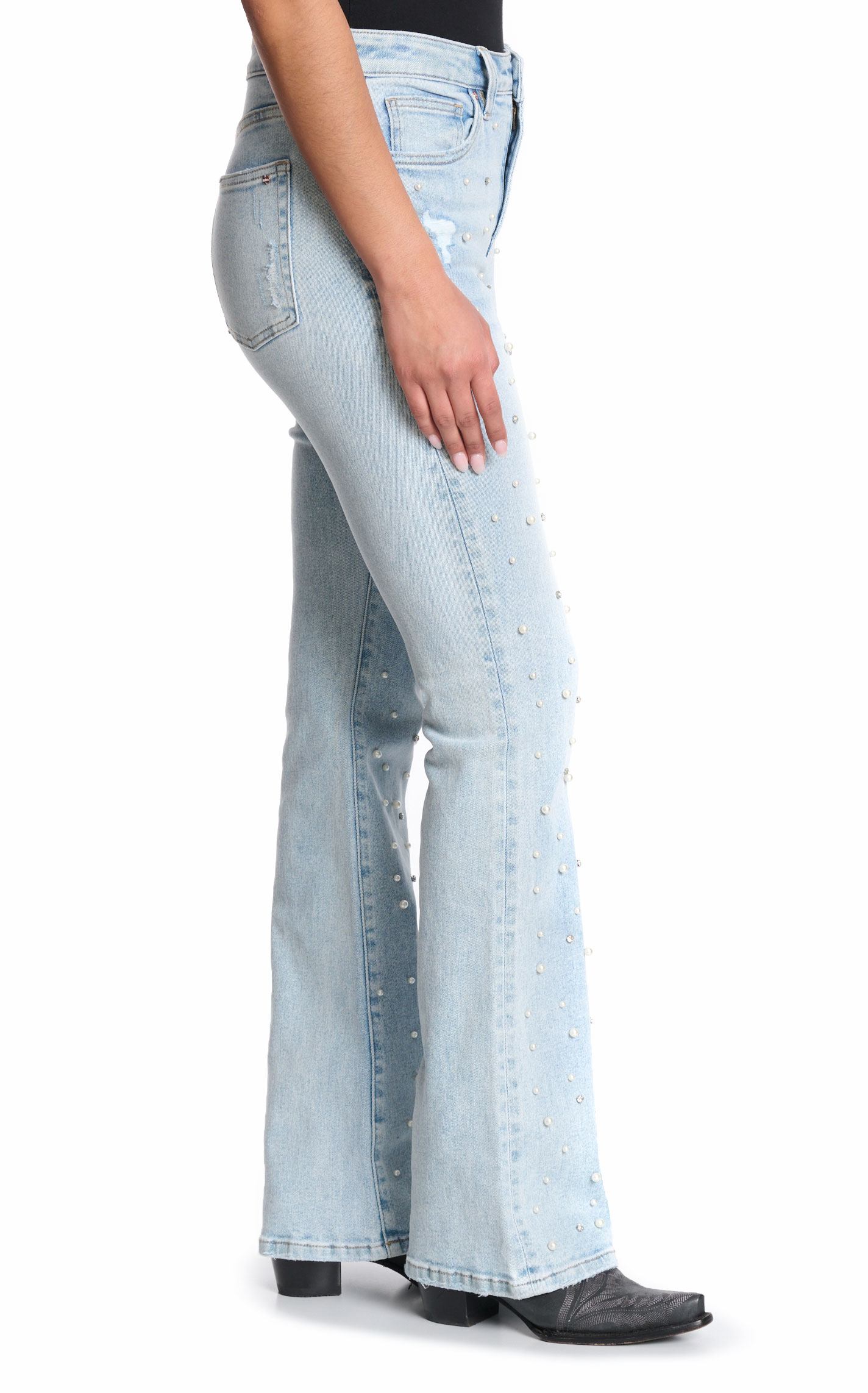 Mica Women's Light Wash Pearl & Rhinestones Flare Leg Jeans - Image 1