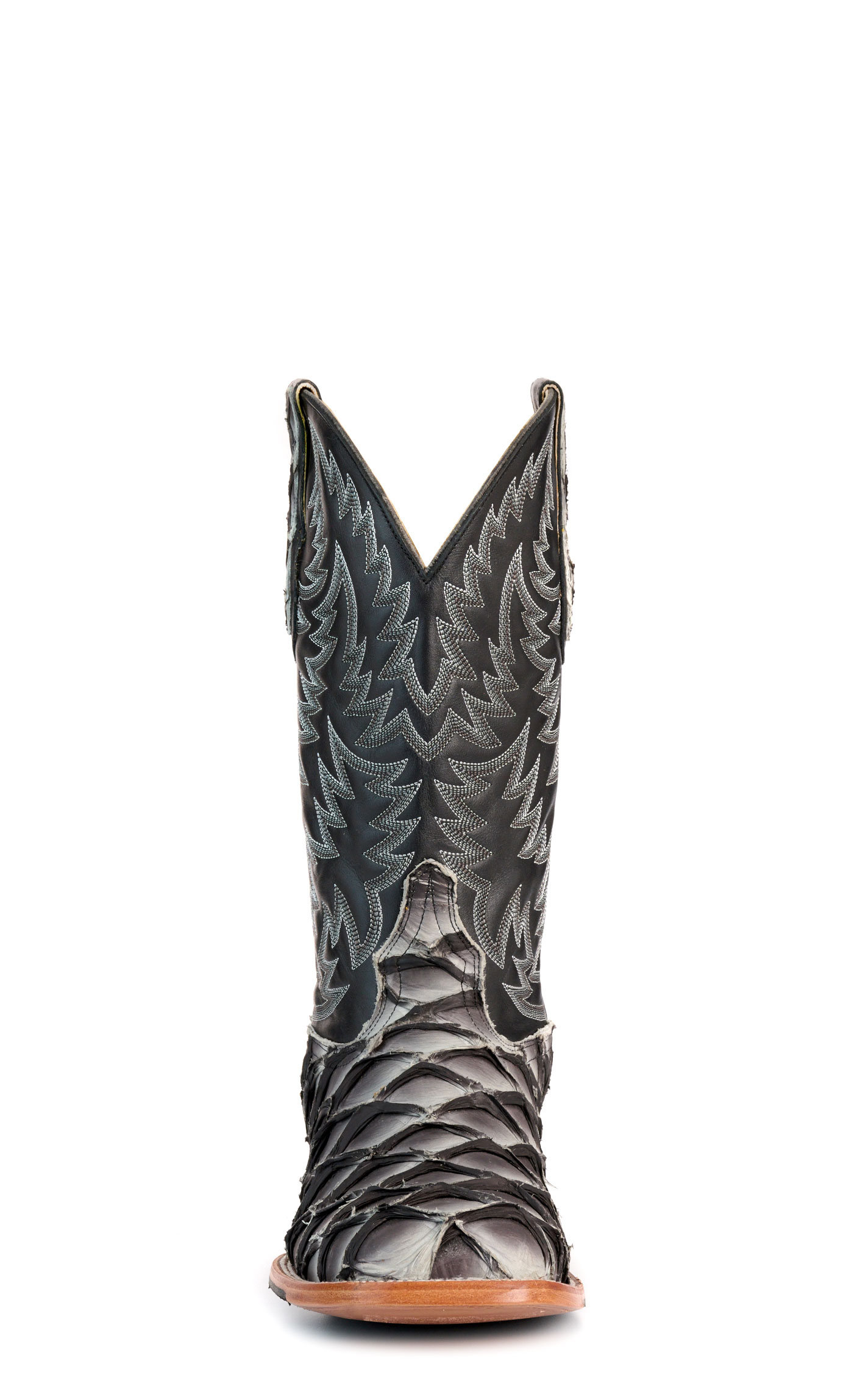 Cavender’s Men’s Gray Pirarucu and Black Wide Square Toe Exotic Cowboy Boots - Image 1