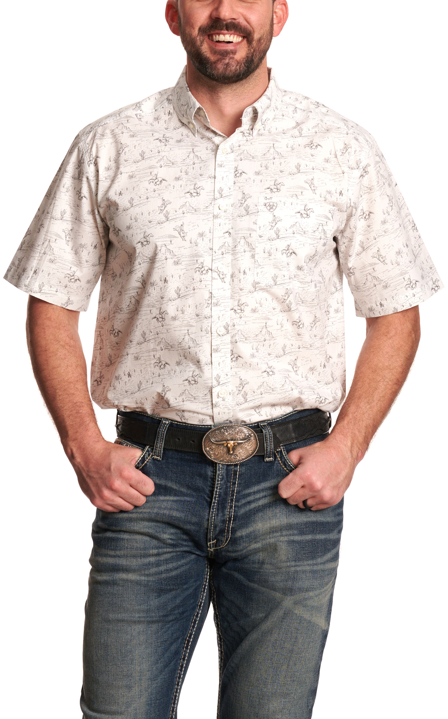 Ariat Men's White & Gray Desert Cowboy Print Western Shirt - Image 1
