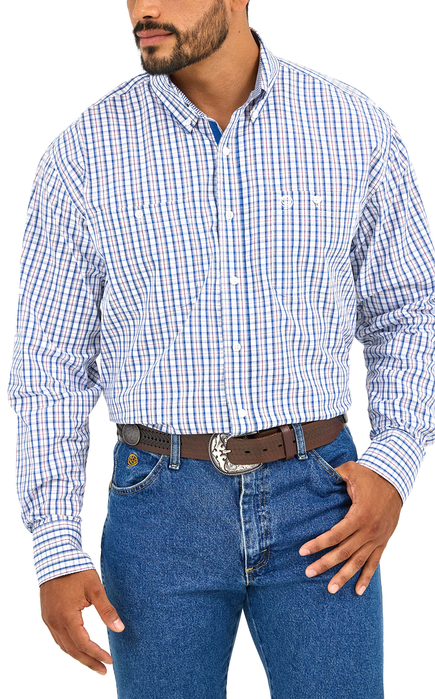 Wrangler Men's George Strait Collection Plaid Blue & Red Western Shirt - Image 1