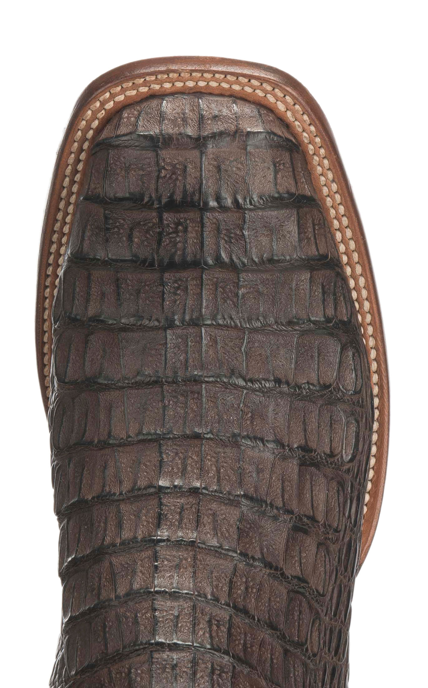 Lucchese Men's Barrel Brown Burnish and Chocolate Hornback Caiman Wide Square Toe Exotic Cowboy Boots - Image 1
