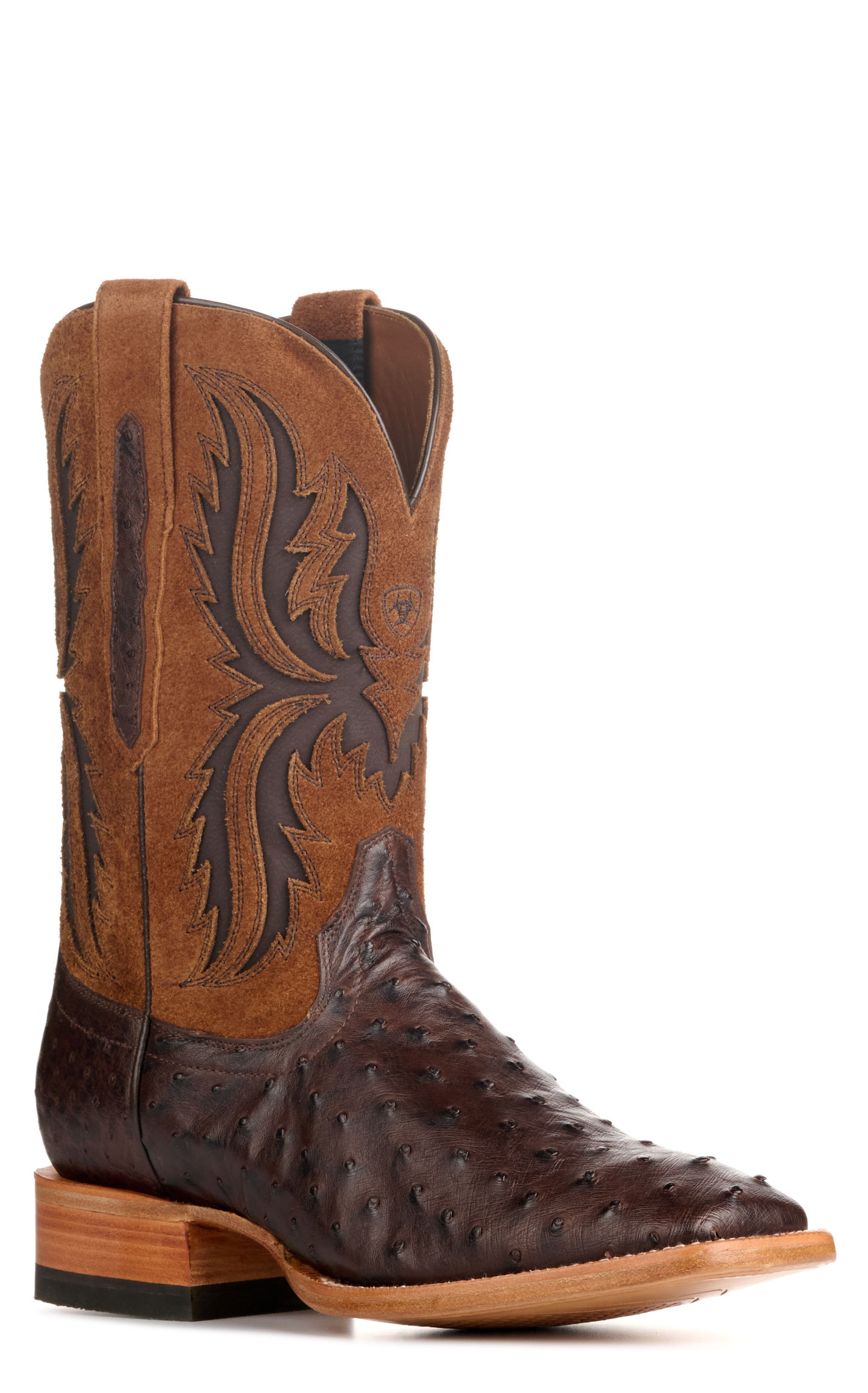 Ariat Men's Drifter Espresso Brown Full Quill Ostrich and Tan TekStep Wide Square Toe Exotic Cowboy Boots - Image 1