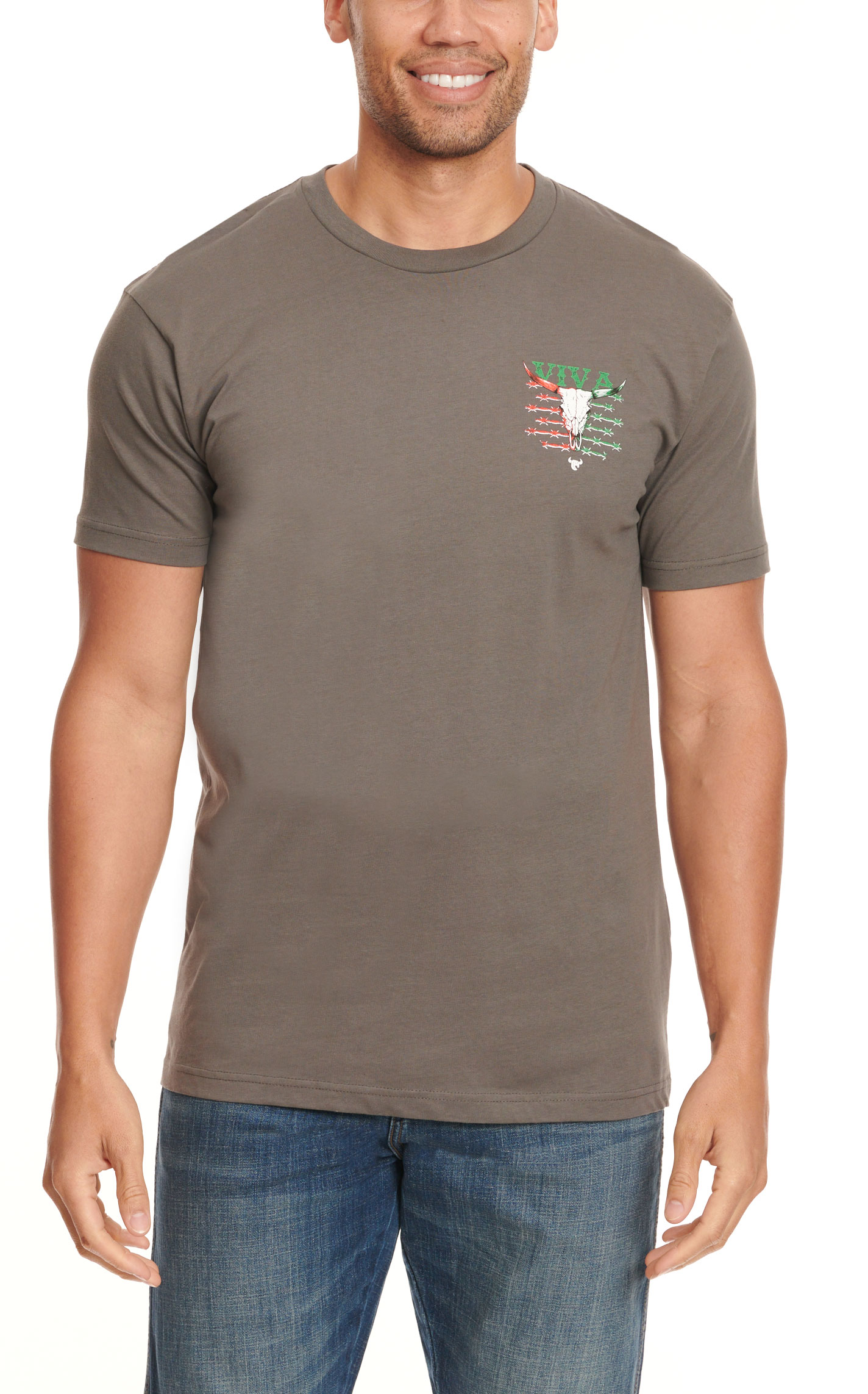Cowboy Hardware Men's Gray Viva Mexico Skull & Barbed Wired Logo Graphic Short Sleeve T-Shirt - Image 1