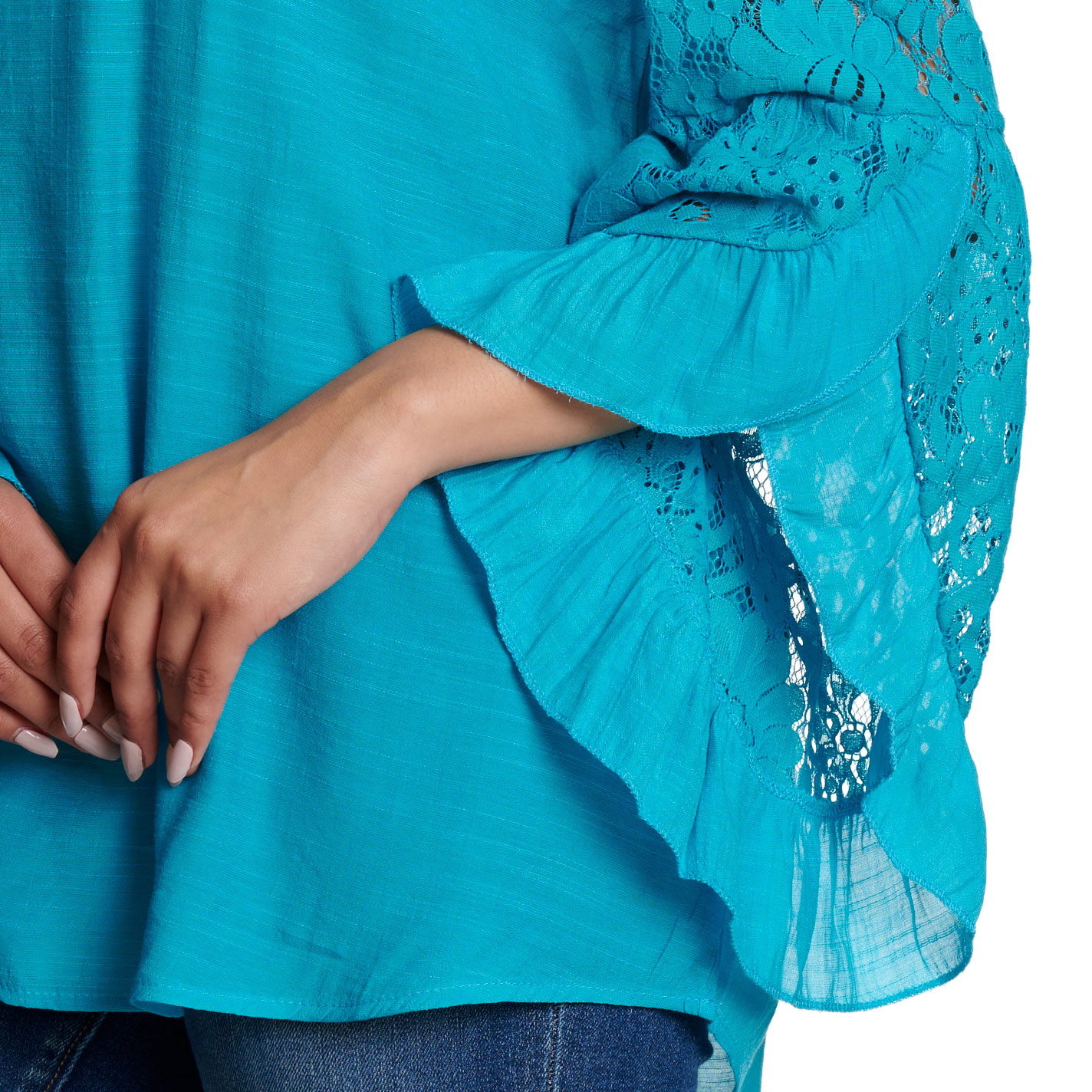 Fashion Express Women's Turquoise Off Shoulder Lace Sleeve Top - Image 1