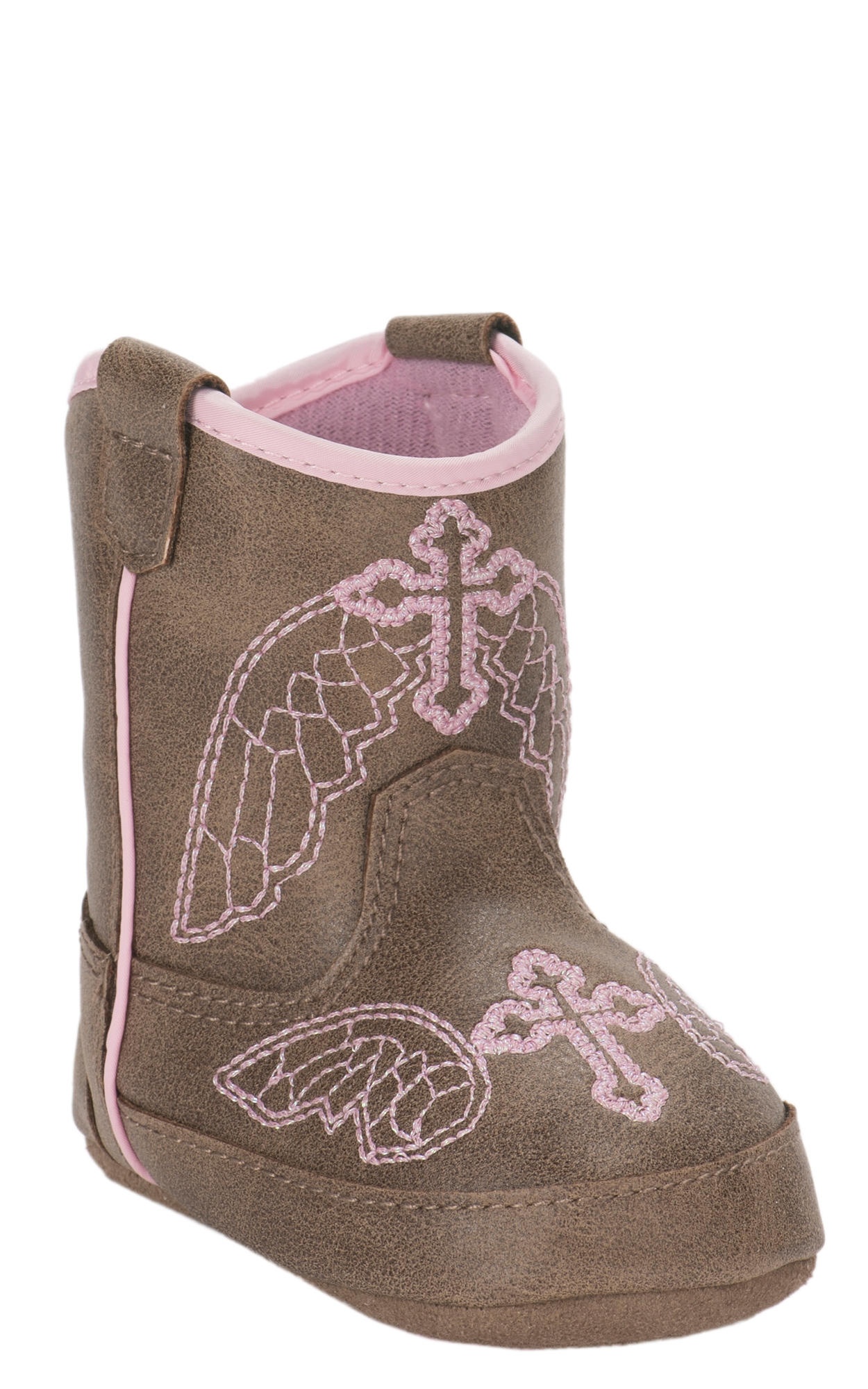 Blazin Roxx Infant Gracie Baby Bucker Tan with Pink Cross Embroidery Cowboy Boots - Image 1