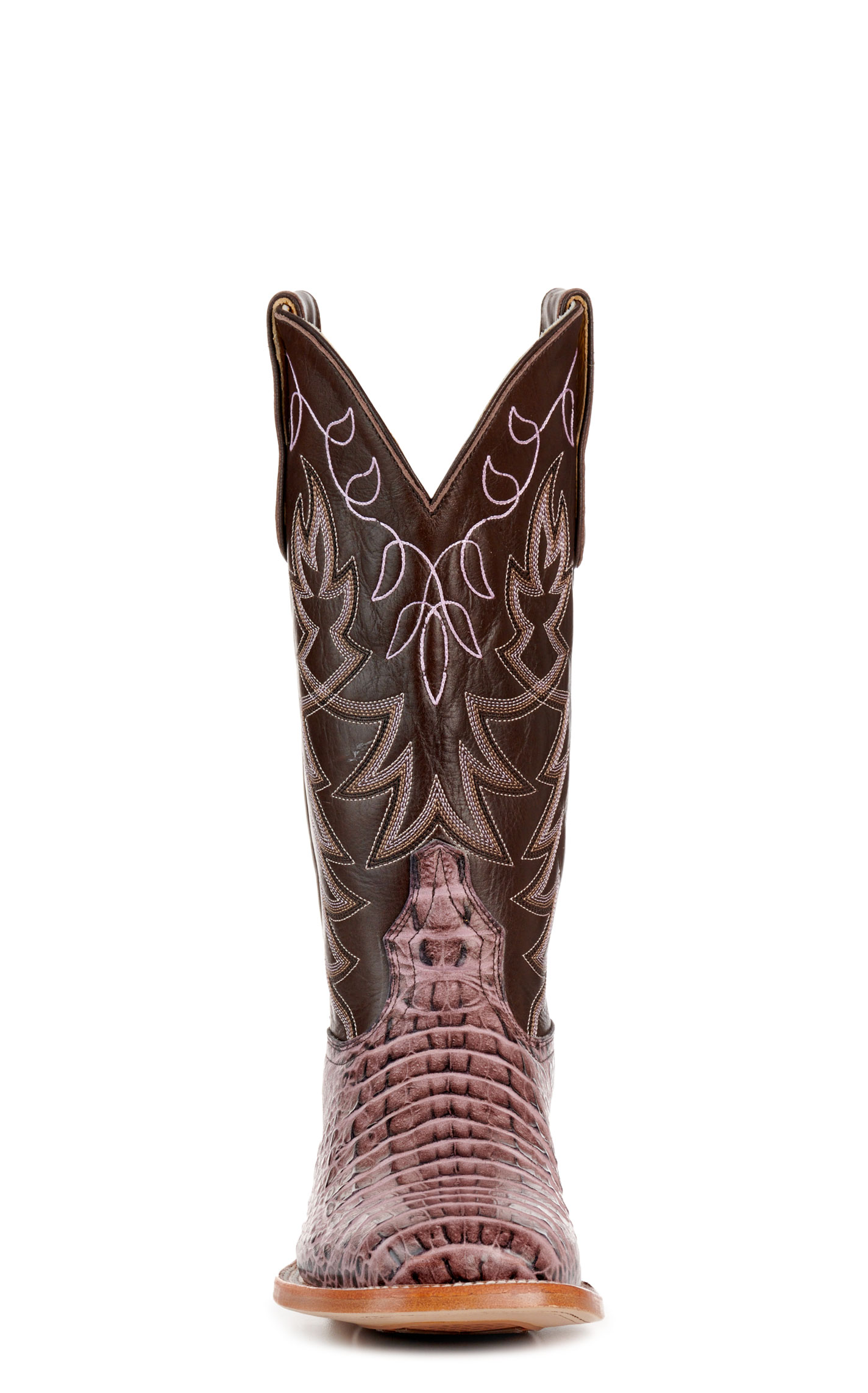 Cavender’s Women’s Endurance Chocolate and Pink Crocodile Print Wide Square Toe Cowboy Boots - Image 1