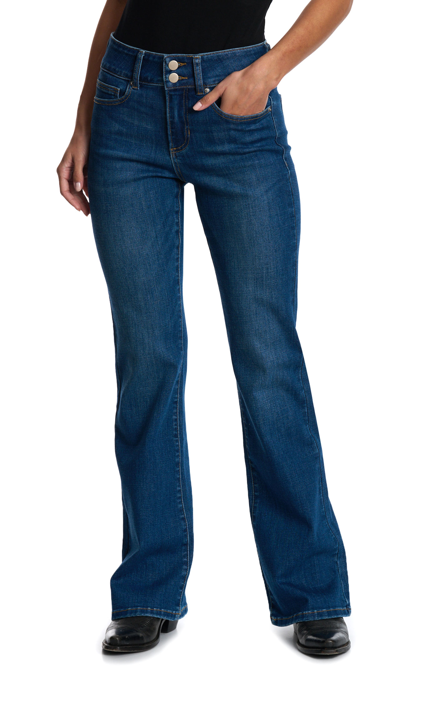 Sneak Peek Women's Dark Wash Double Button Waist Boot Cut Jeans - Image 1