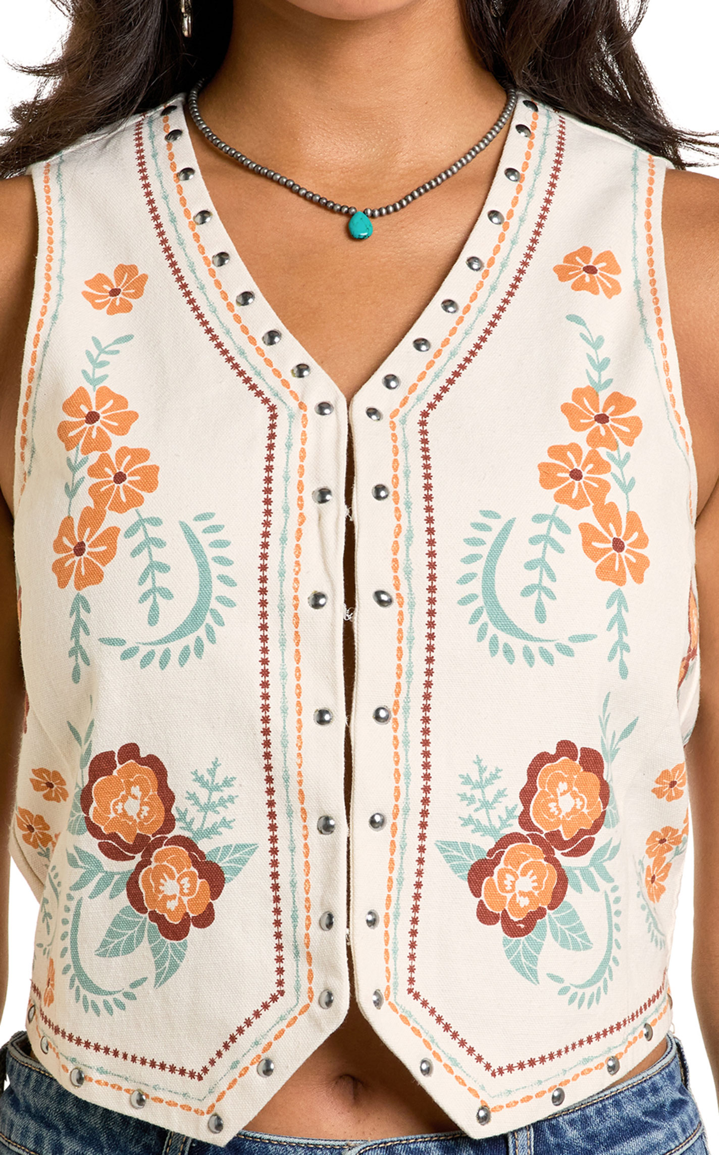 Rock & Roll Denim Ivory Floral Print Vest - Image 3