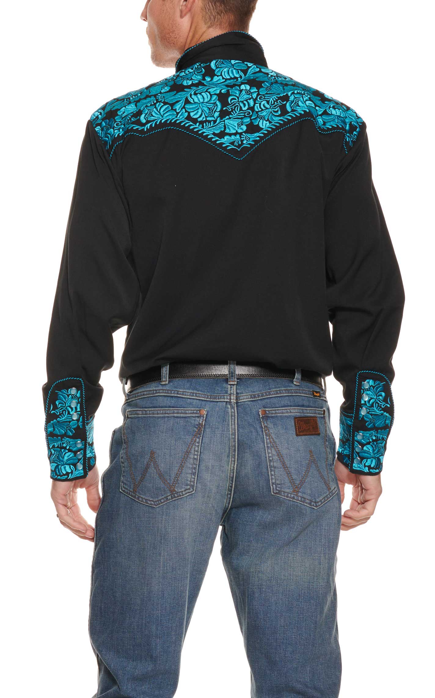 Scully Men's Black with Turquoise Floral Tooled Embroidery Long Sleeve Retro Western Shirt - Image 1