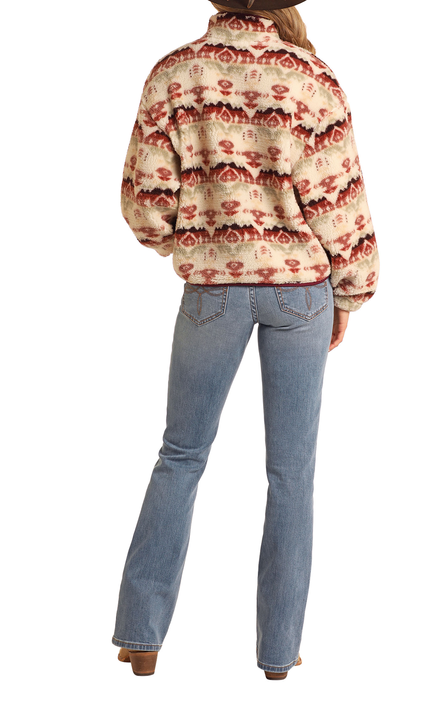 Rock & Roll Denim Women's Shades of Wine Aztec Print Sherpa Pullover - Image 1