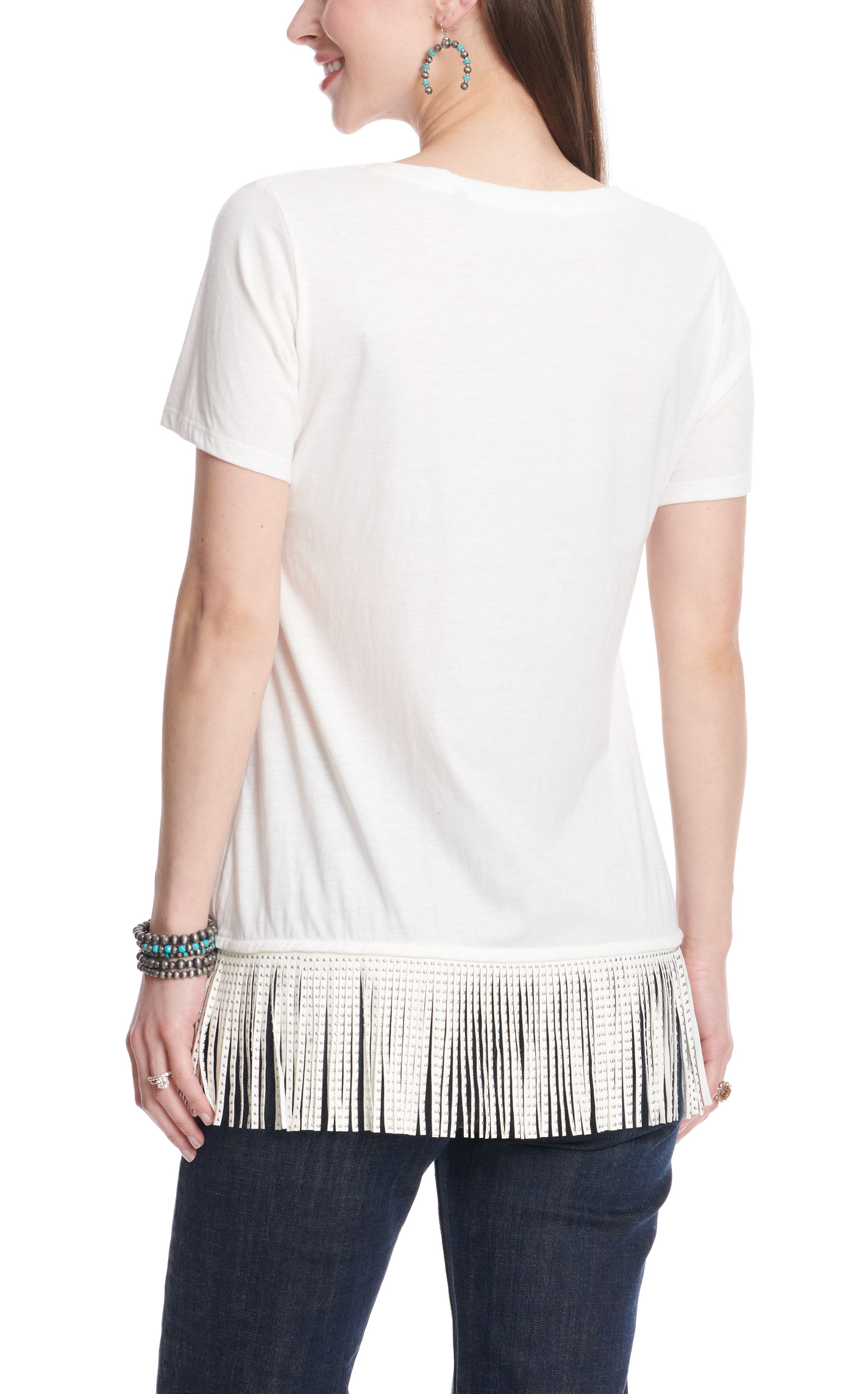 Panhandle Women's White Aztec Rodeo Studded Fringe T-Shirt - Image 1