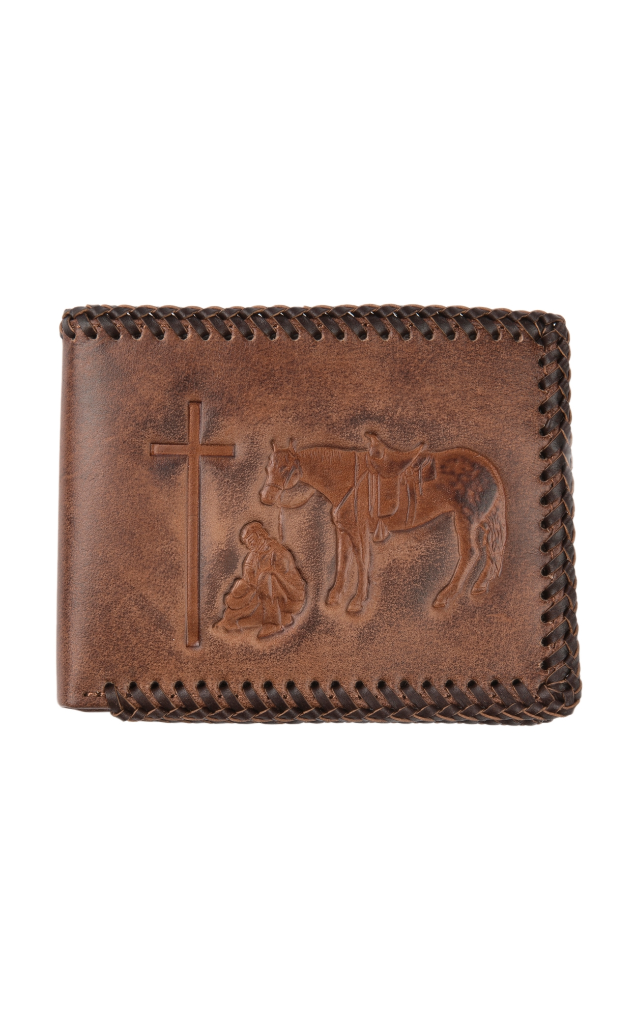 Nocona Embossed Praying Cowboy with Leather Braided Stitching BiFold Wallet - Image 1