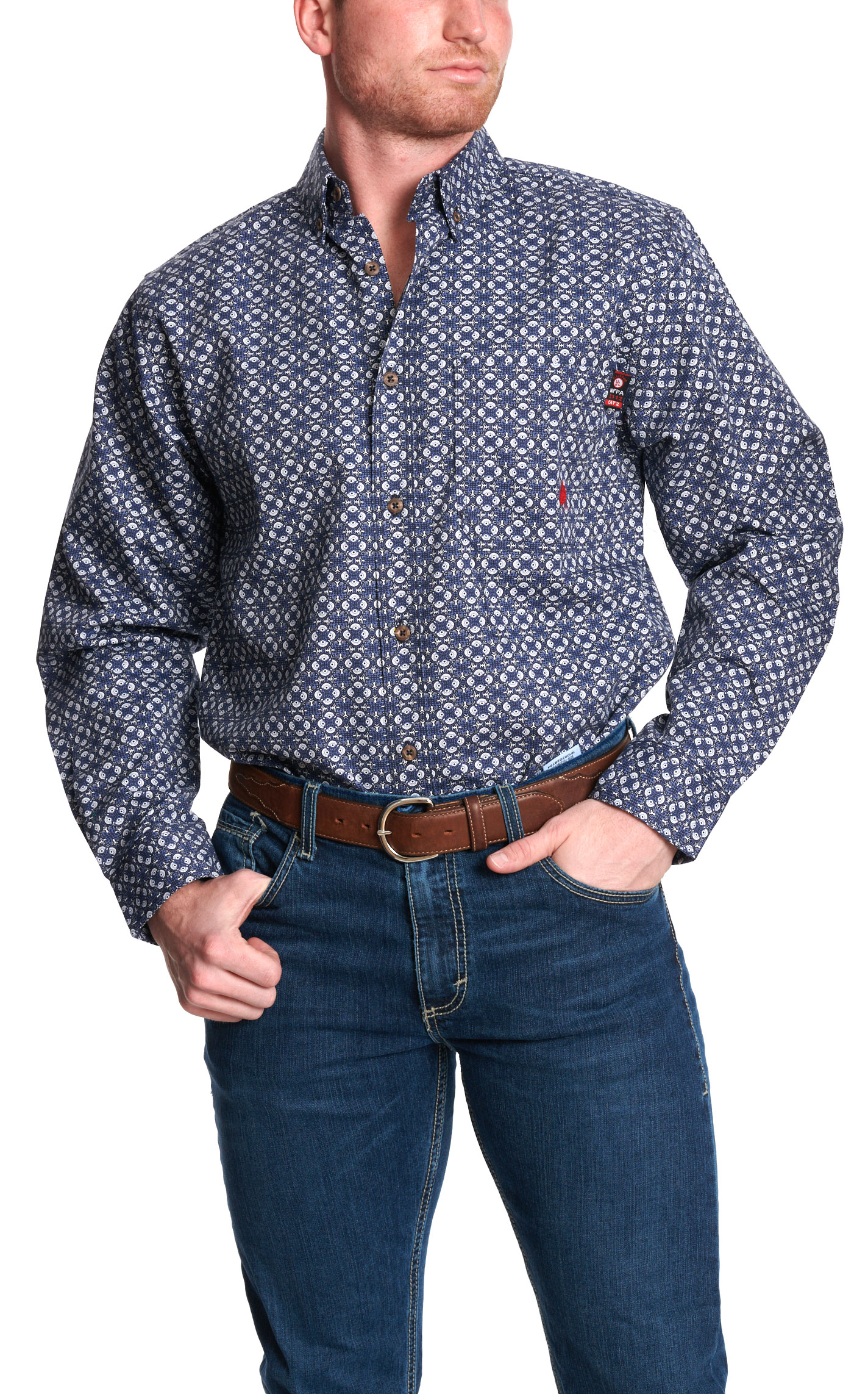 Forge Men's Denim Blue Geo Print FR Work Shirt - Image 1