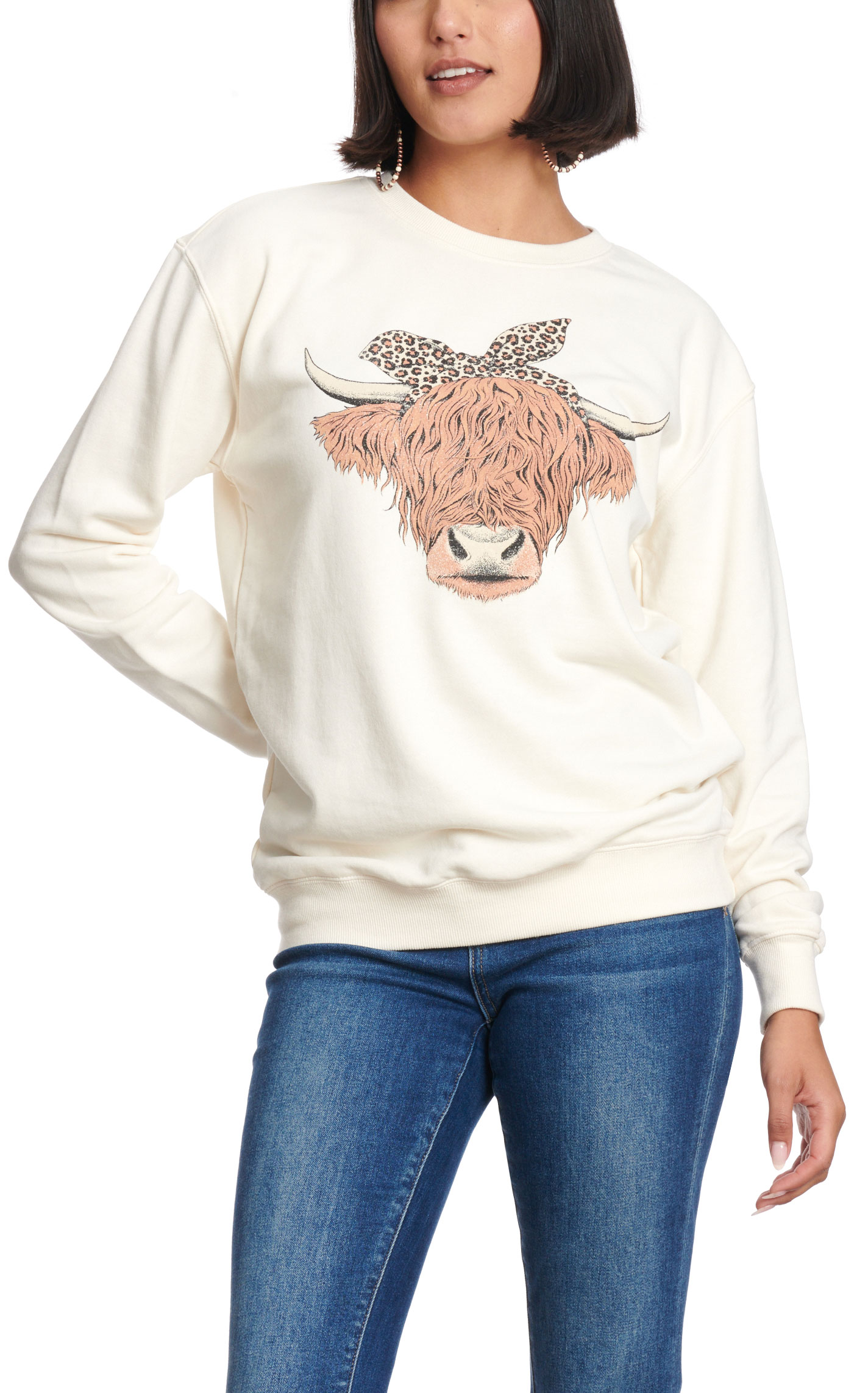 Lotus Fashion Women's Cream Highlander Cow Graphic Pullover - Image 1
