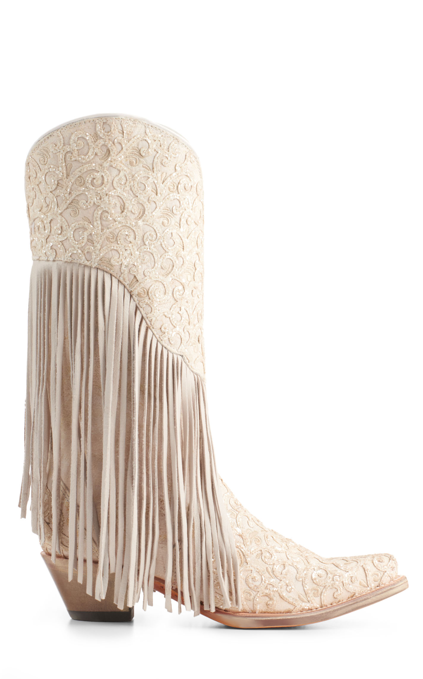 Corral Women's White with Glitter Overlay and Fringe Snip Toe Cowboy Boots - Image 1