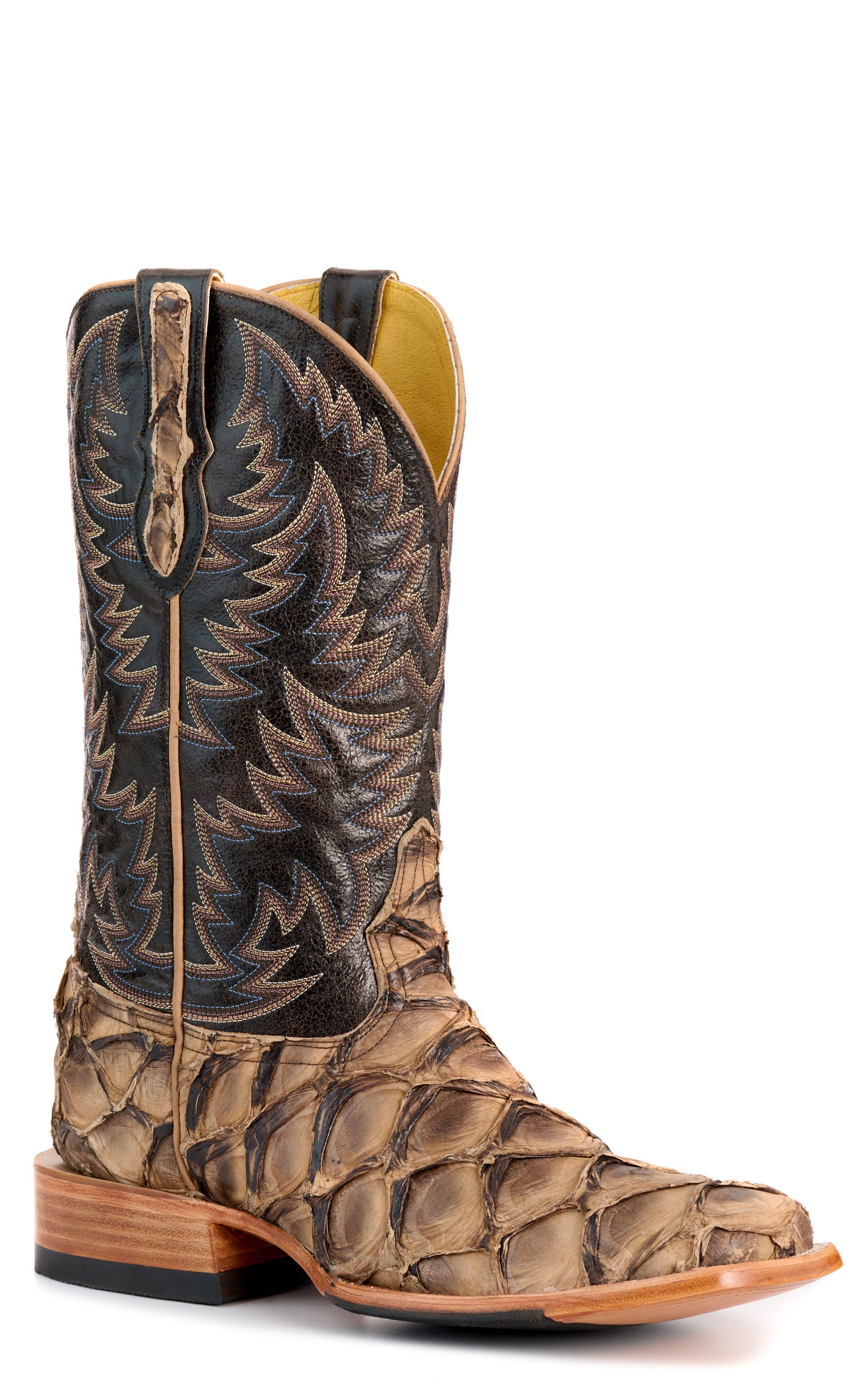 Cavender’s Men’s Chocolate and Coffee Pirarucu and Leather Wide Square Toe Exotic Cowboy Boots - Image 1