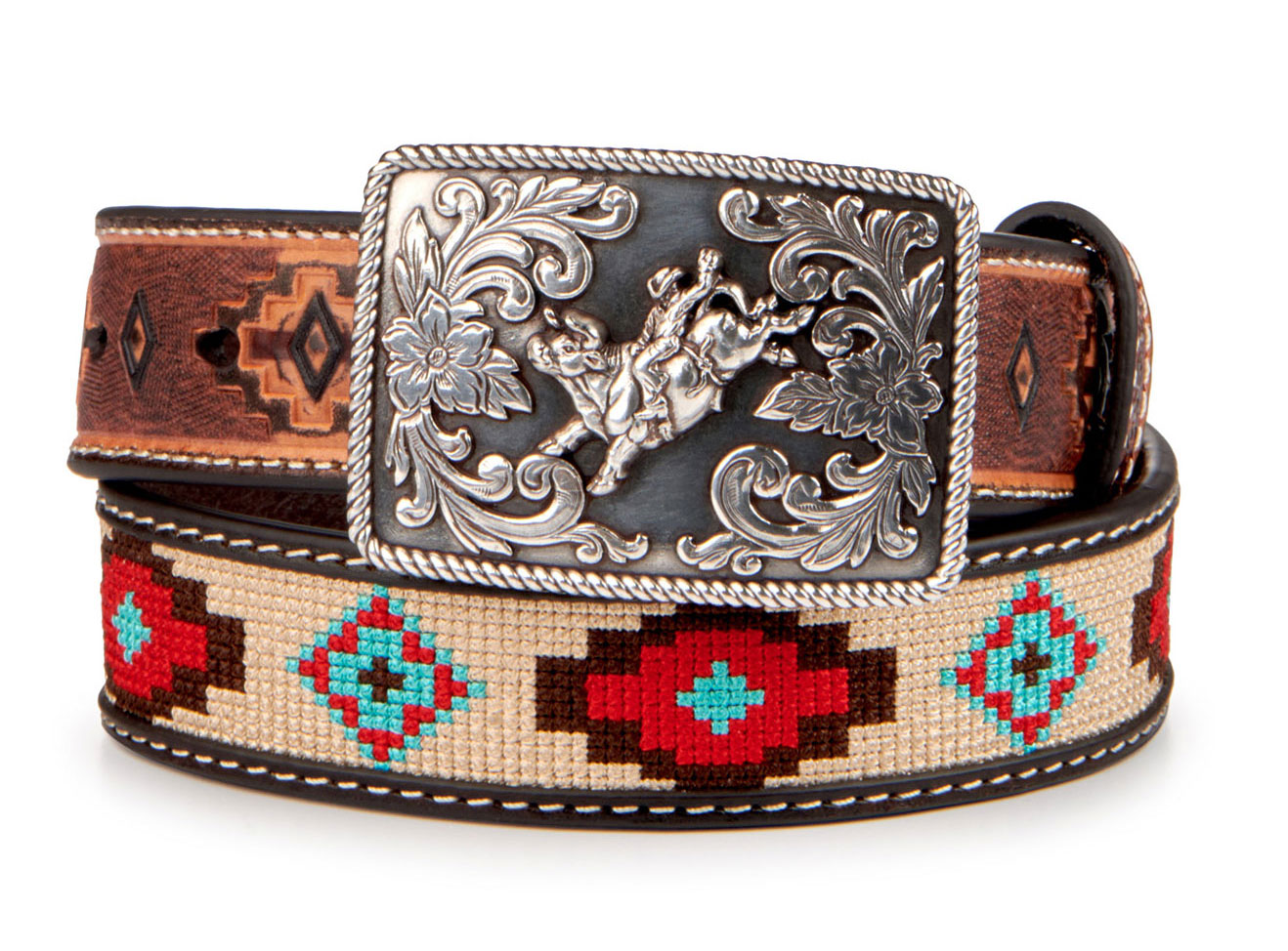 3D Belt Company Boys' Brown with Aztec Stitching and Western Buckle Belt - Image 1