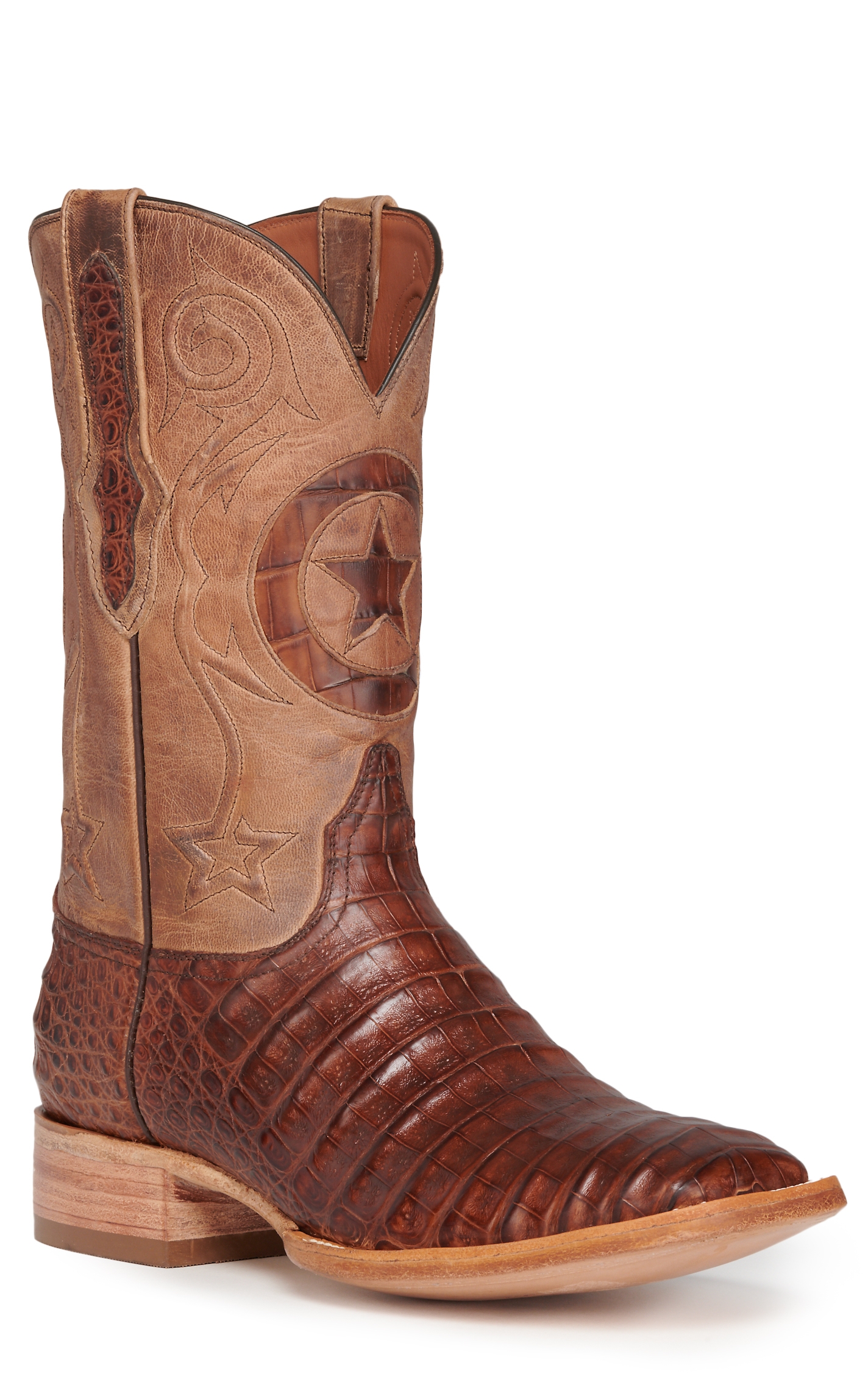 Black Jack Men's Tan and Tobacco Caiman Lone Star Wide Square Toe Exotic Cowboy Boots - Image 1