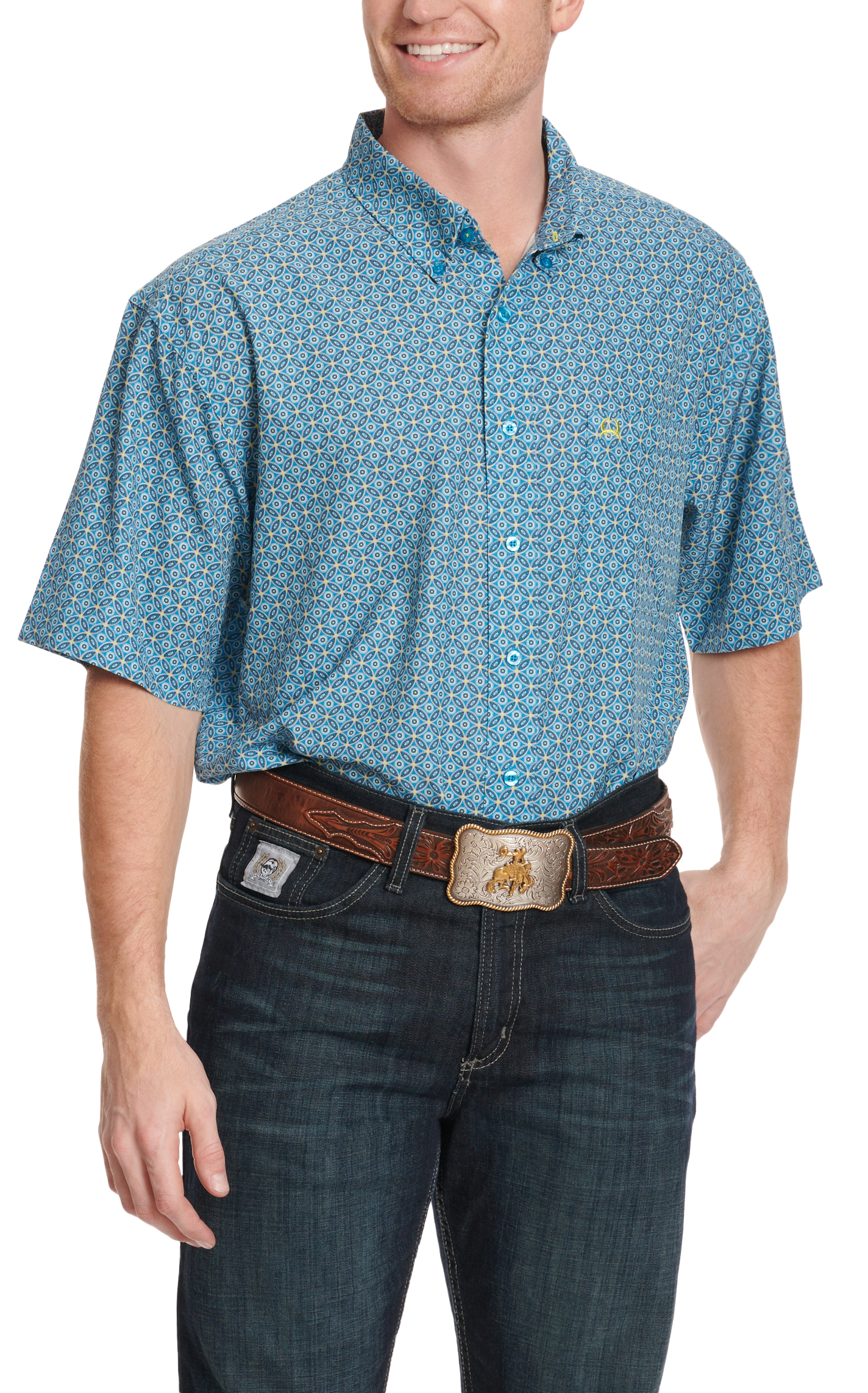 Cinch Men's Cerulean Blue Geo Print ArenaFlex Short Sleeve Western Shirt - Image 1