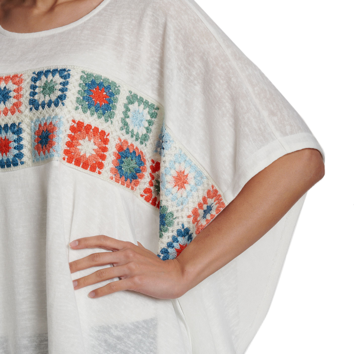 Rockin' C Women's White & Colorful Crochet Poncho Top - Image 3
