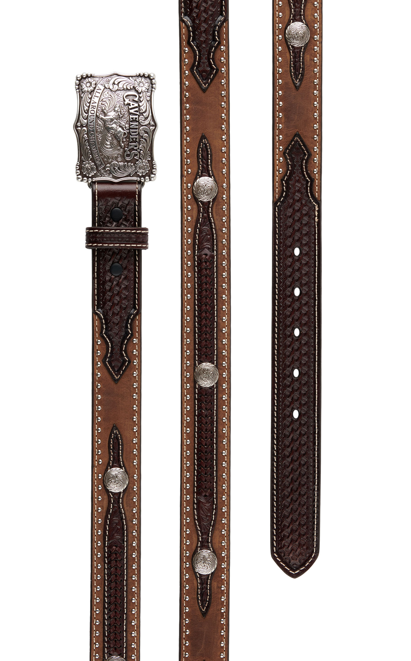 Cavender's Kid's Brown Leather with Basketweave Overlay Silver Champion Buckle on Western Belt - Image 1