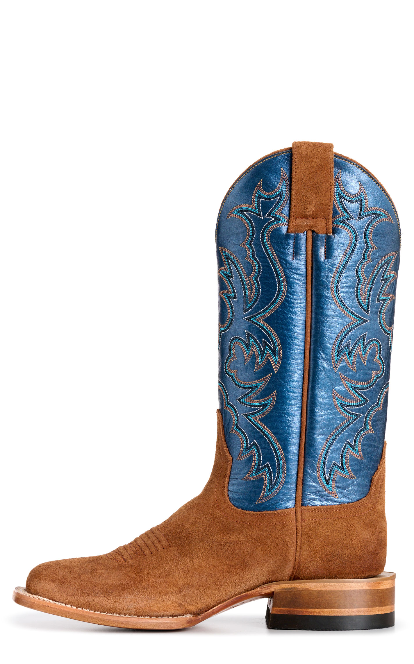 Cavender's Women's Cognac Suede Metallic Blue Wide Square Toe Cowboy Boots - Image 1