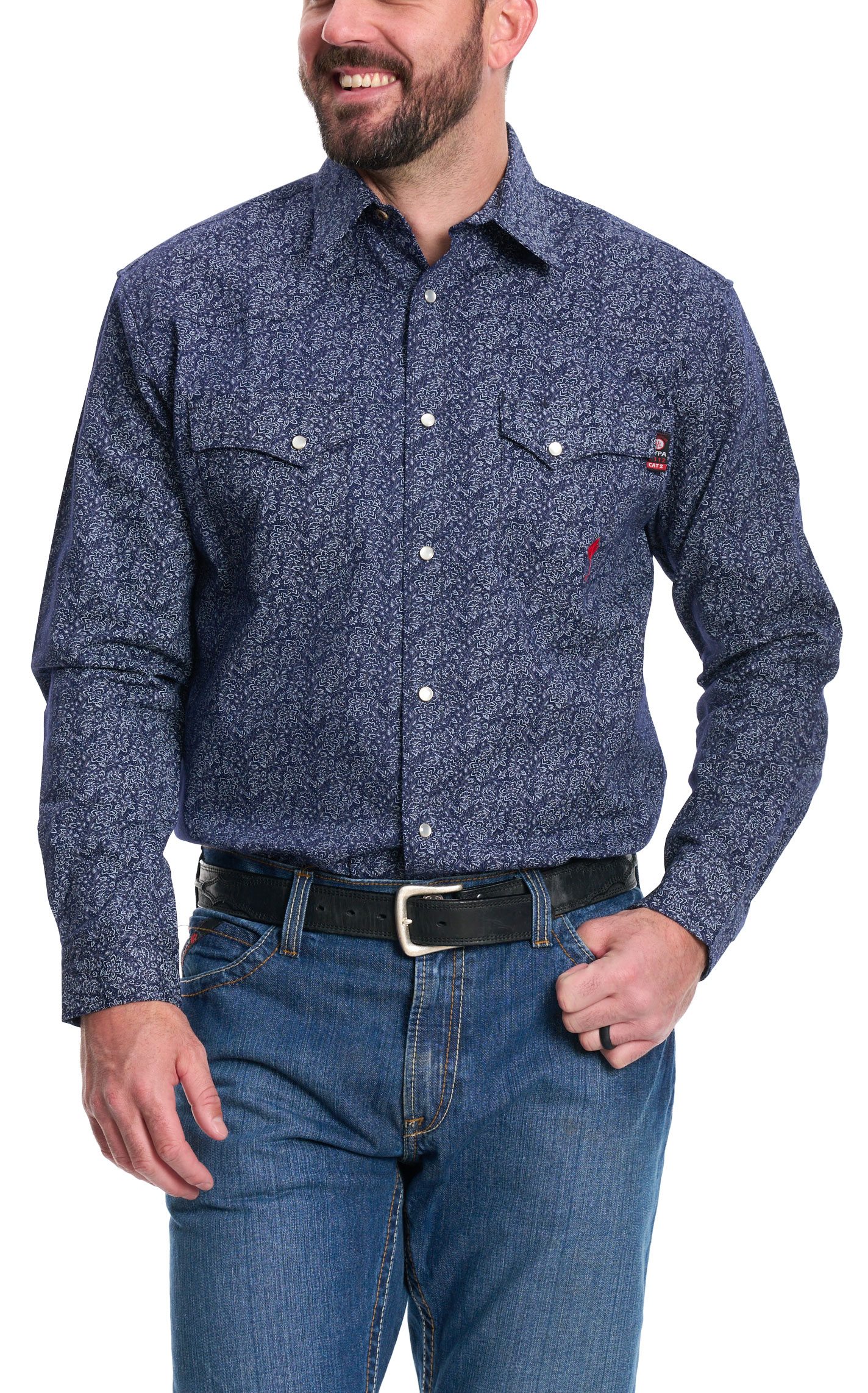 Forge Men's Navy & White Floral Print FR Work Shirt - Image 1
