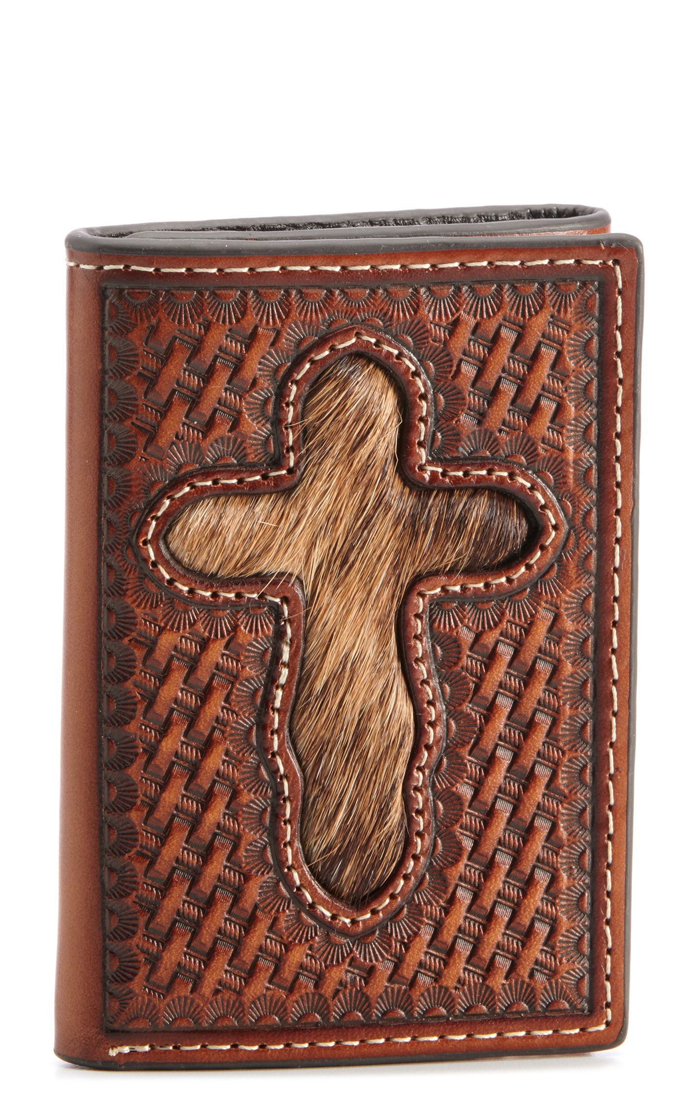Nocona Brown Tooled With Cross Hair Inlay Tri-Fold Wallet - Image 1
