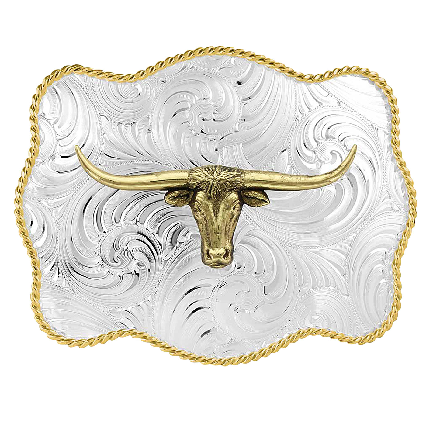 Montana Silversmiths Silver Swirl Golden Longhorn & Scalloped Edge Belt Buckle - Image 1