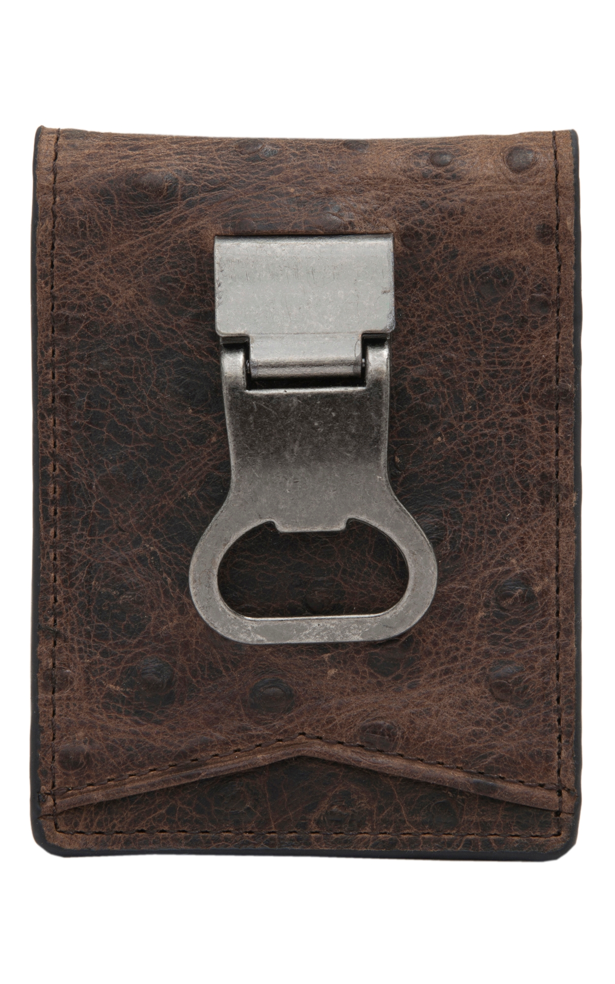 DBL Barrel Brown Ostrich Print with Bottle Cap Money Clip Bi-Fold Wallet - Image 1