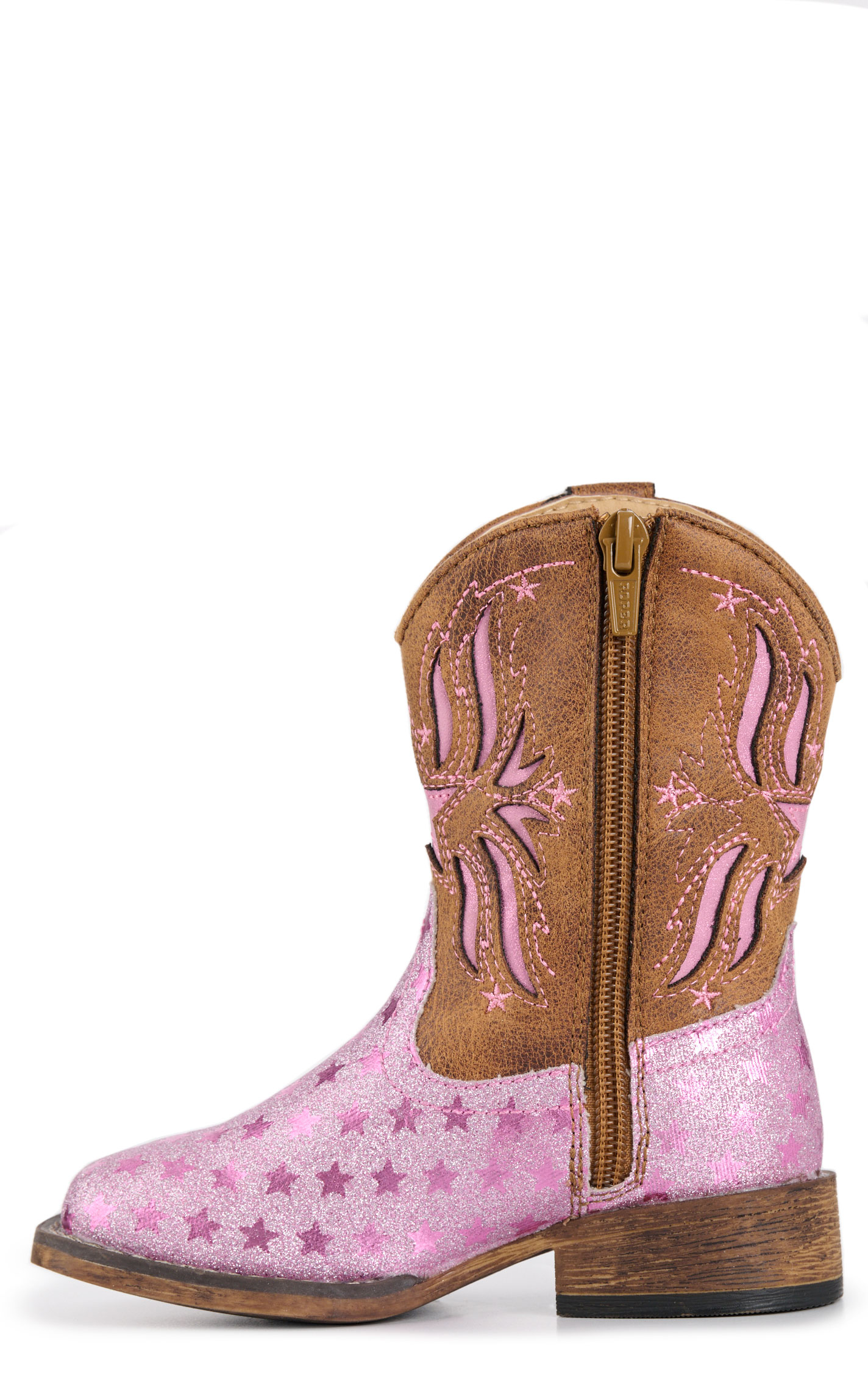 Roper Toddler’s Pink Glitter and Brown Starlet Leather Short Square Toe Cowboy Boots - Image 1
