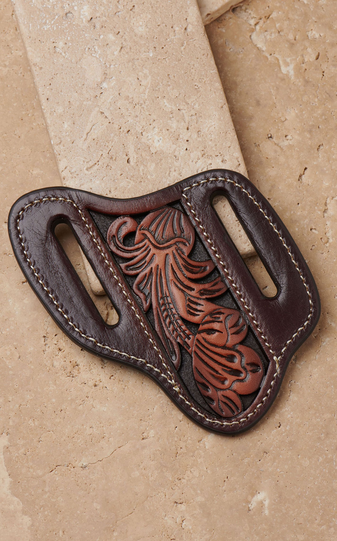 3D Belt Co Brown Floral Tooled Leather Pancake Knife Sheath - Image 1