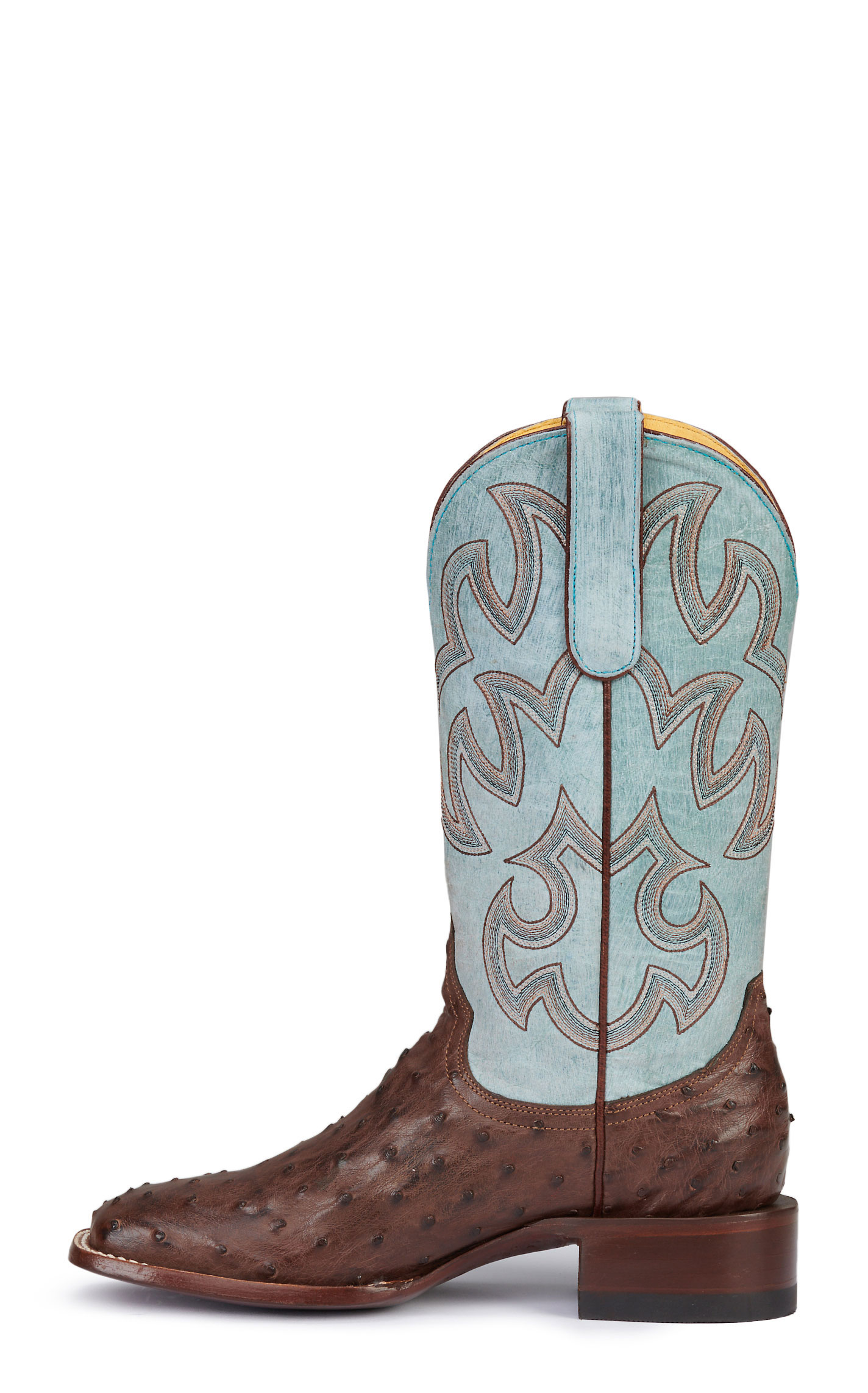 Cavender’s Women’s Sky Blue Leather and Bruchiato Moka Brown Full Quill Ostrich Exotic Square Toe Cowboy Boots - Image 1