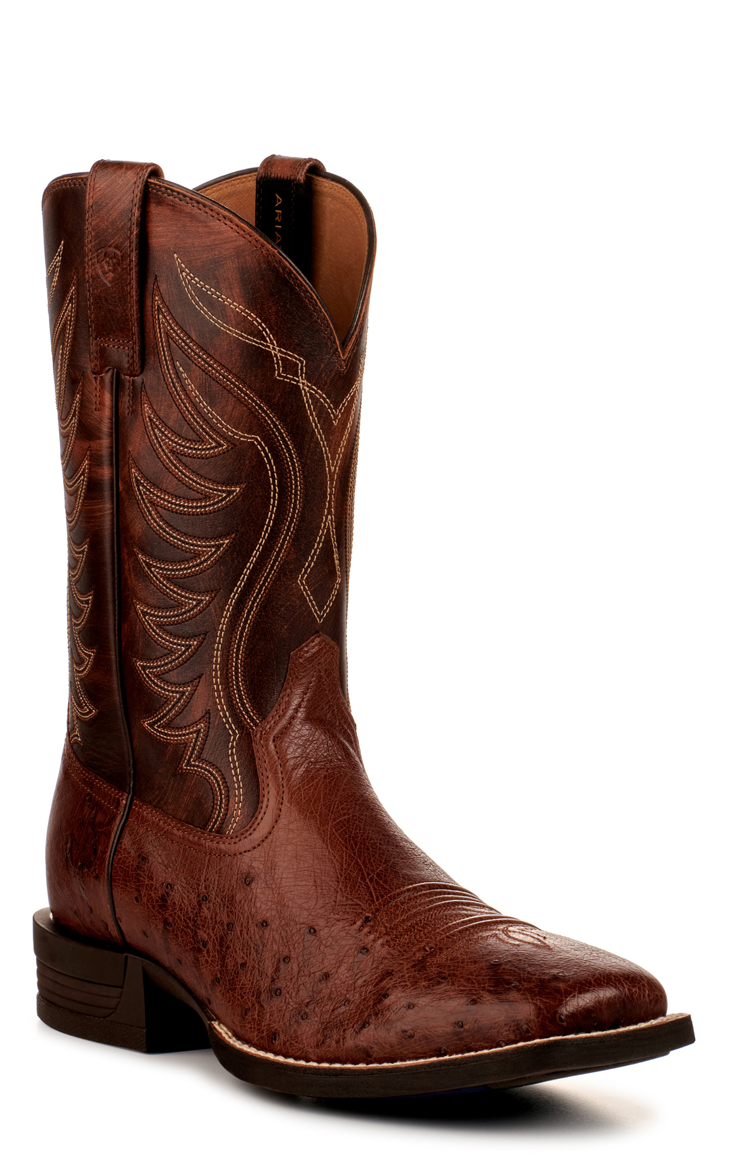 Ariat Men's Reckoning Nut Brown and Dark Tabac Smooth Quill Ostrich Shock Shield Wide Square Toe Exotic Cowboy Boot - Image 1