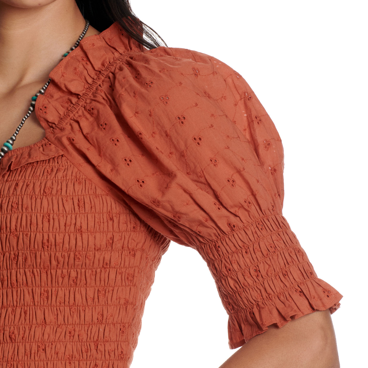 Rockin' C Women's Rust Smocked Eyelet Crop Top - Image 1