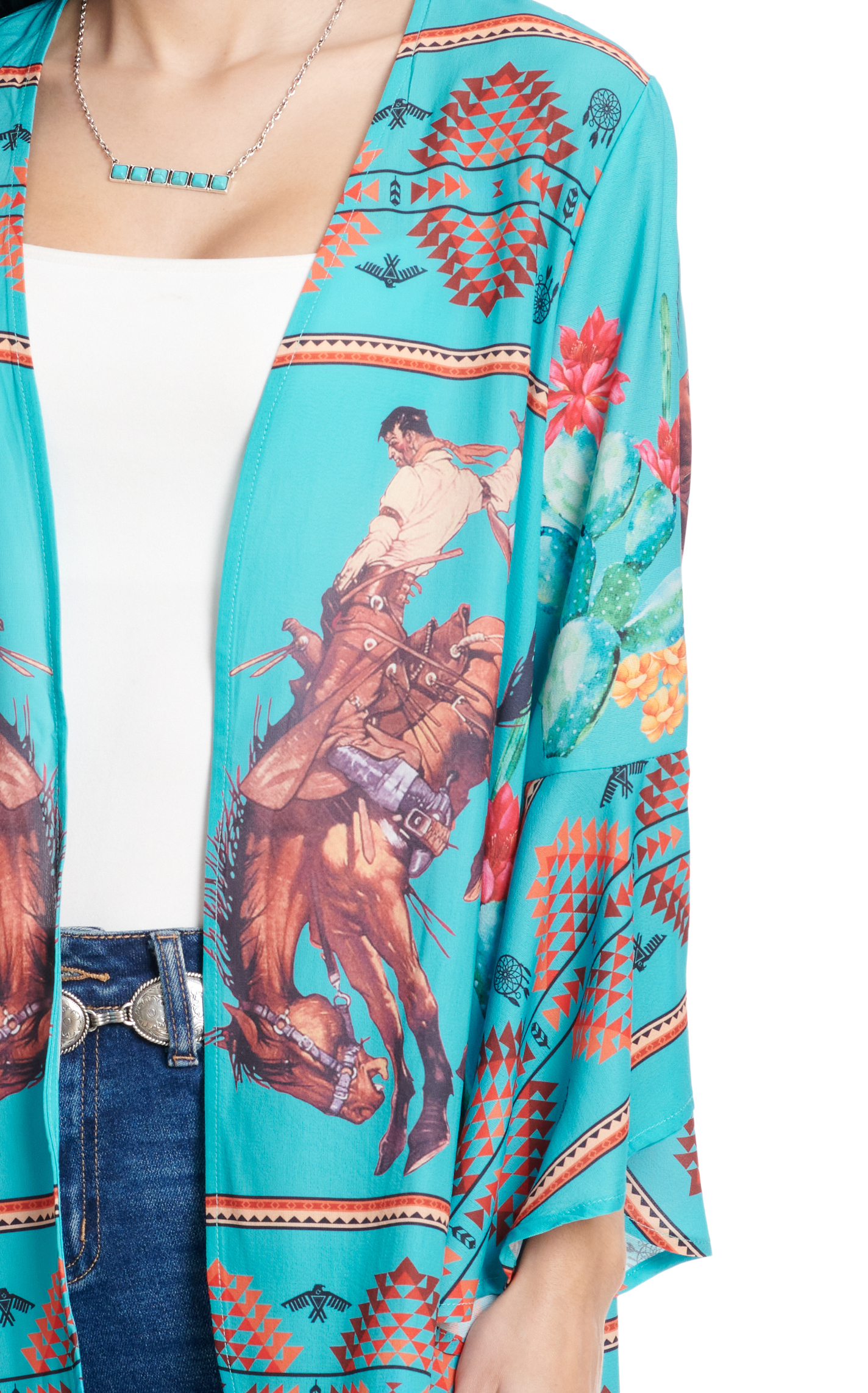 Fashion Express Women's Turquoise Retro Bronc & Rider Aztec Sunset Kimono - Image 1