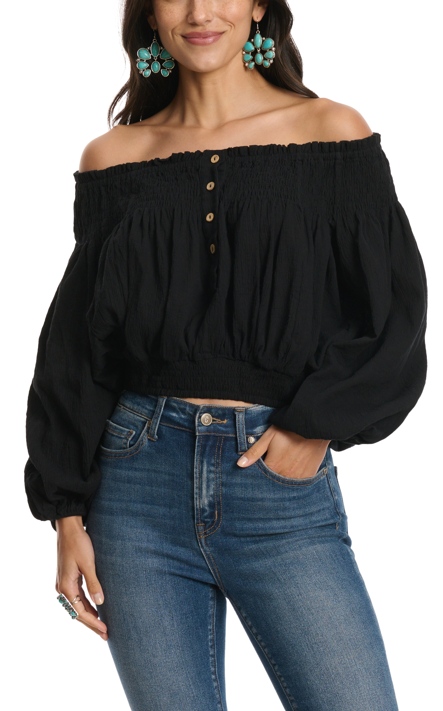 Newbury Kustom Women's Black Puffed Smocked & Cropped Top - Image 1