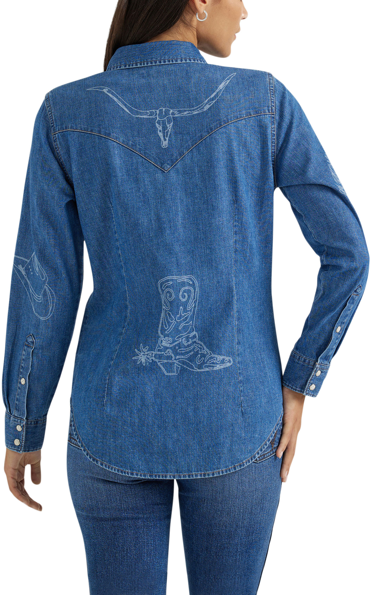 Wrangler Women's Vintage Medium Wash Western Print Denim Shirt - Image 1