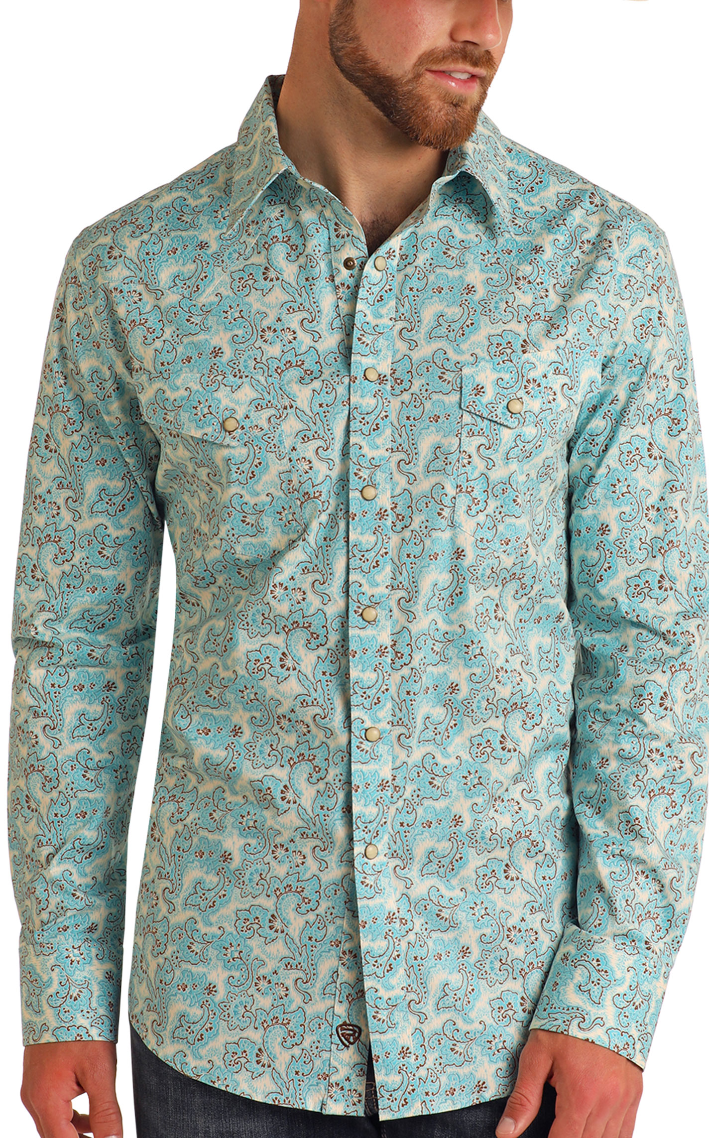 Rock & Roll Denim Men's Latte Turquoise Paisley Western Shirt - Image 1