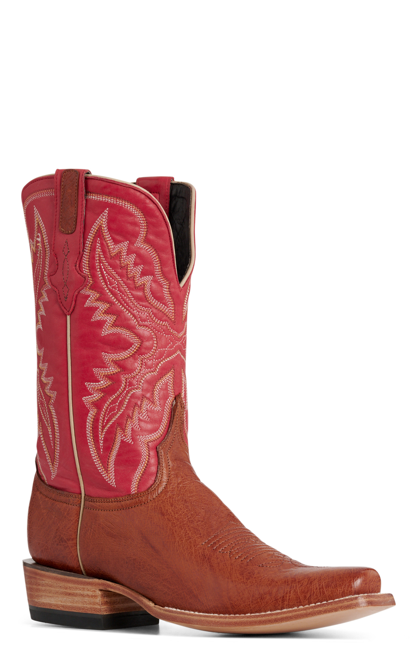 Resistol Men’s Mad Dog Cognac & Red Smooth Quill Ostrich Cutter Toe Cowboy Boots - Image 1