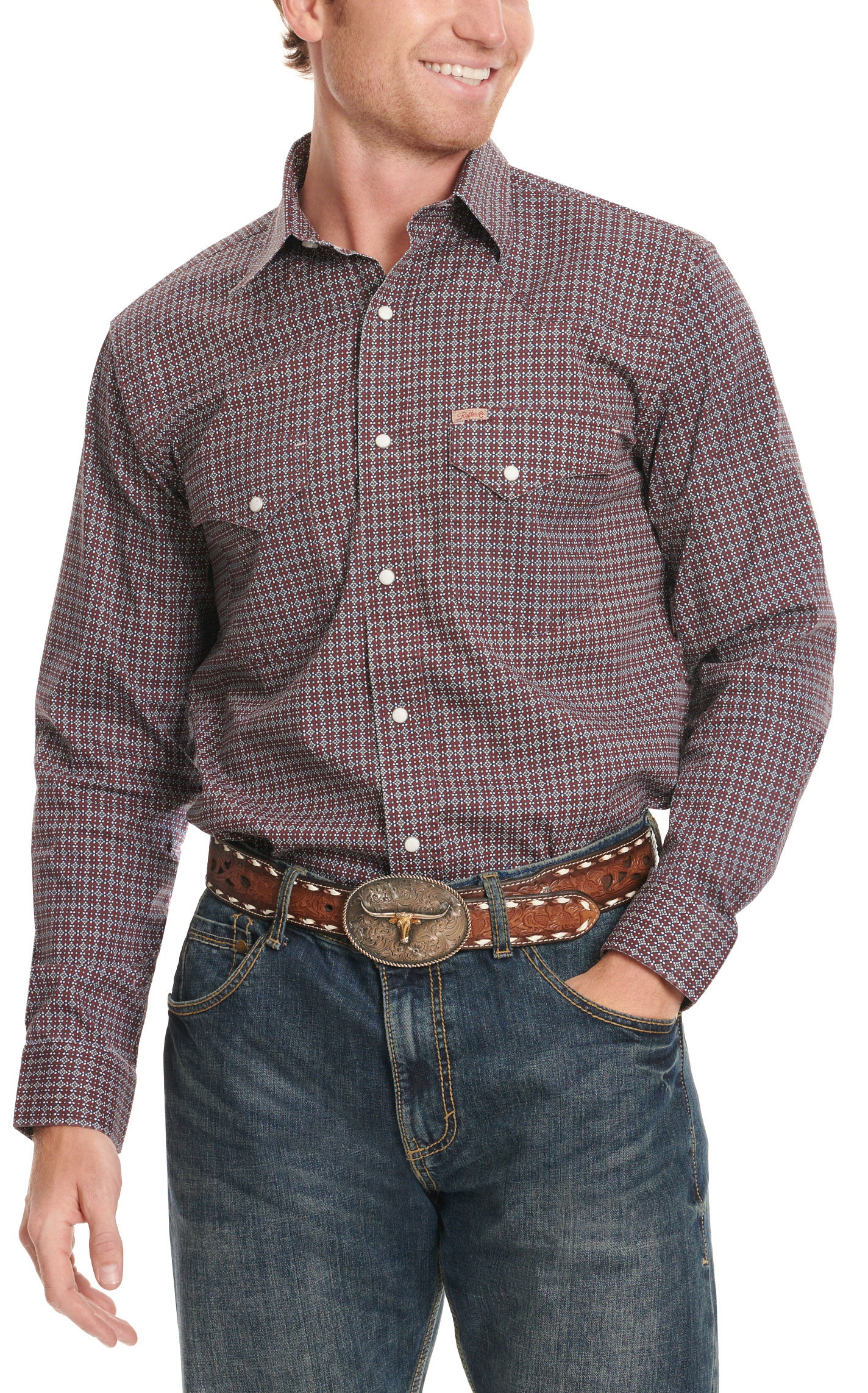 Rafter C Men's ProFlex45 Wine Geo Print Western Shirt - Big & Tall Sizes - Image 1