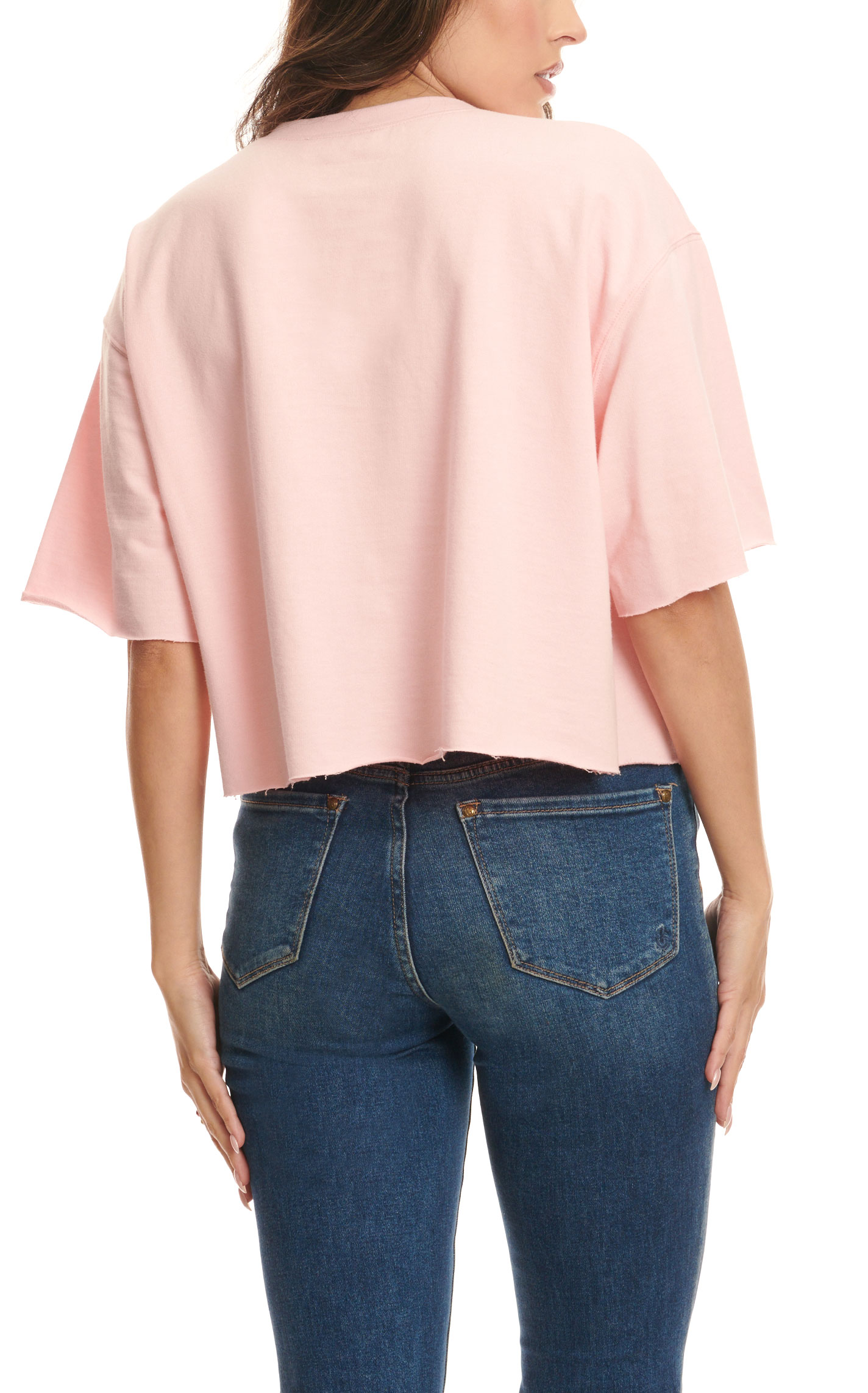 Peach Love California Women's Pink with Colorful Bling Crystal Cowgirl Short Sleeve Cut-Off T-Shirt - Image 1
